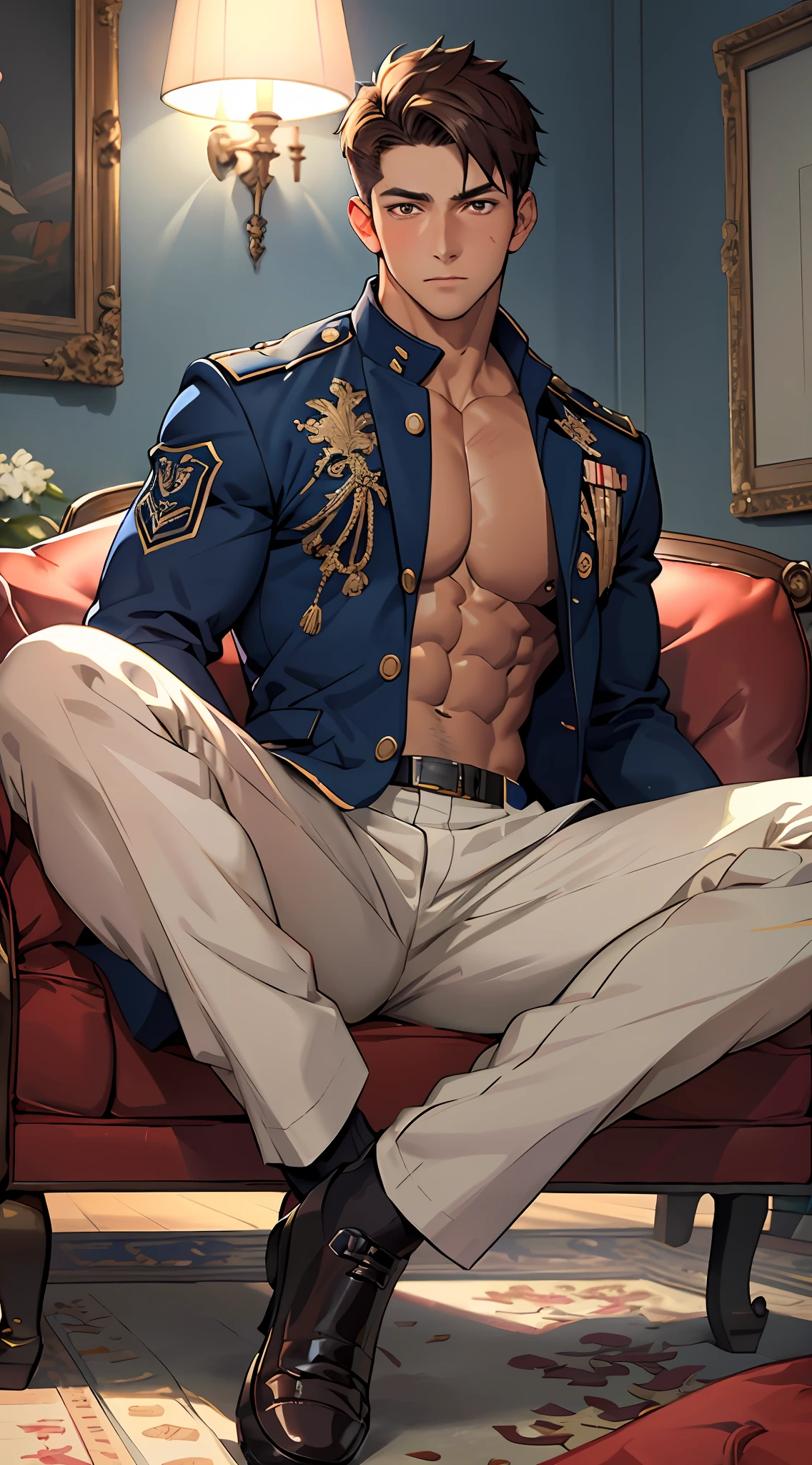 anime man in military uniform sitting on a red couch, detailed digital anime art, handsome anime pose, highly detailed exquisite fanart, anime handsome man, high detailed official artwork, royal attire akira, handsome guy in demon slayer art, extremely detailed artgerm, detailed anime character art, male art, fluffy chest, detailed key anime art, detailed anime artwork, heroic masculine pose