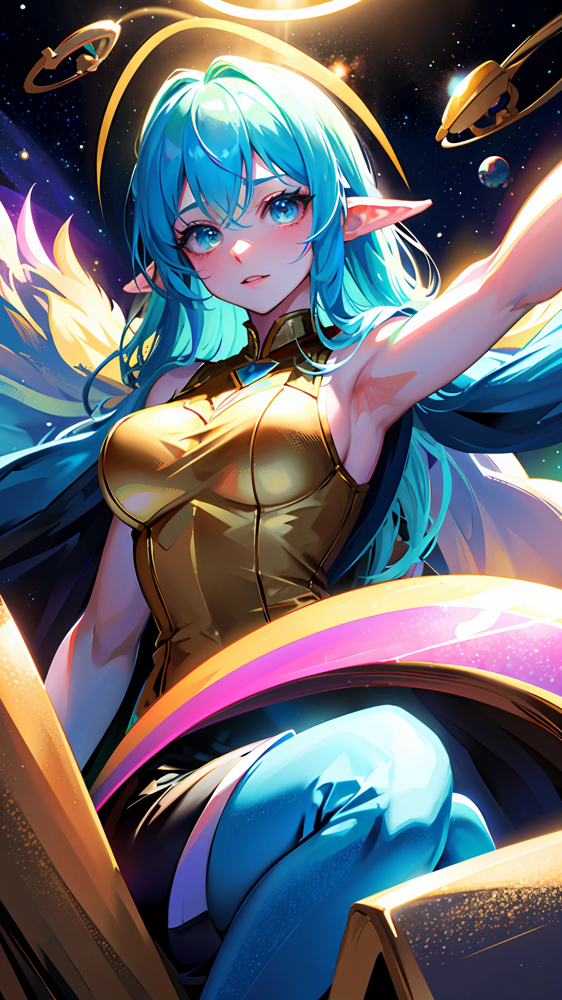 Person (High Elf Colossal Goddess), Clothing (wearing rainbow-colored gloves), Depiction (Upper body of a person sitting on a throne in outer space), Image quality (4K, Golden Ratio)