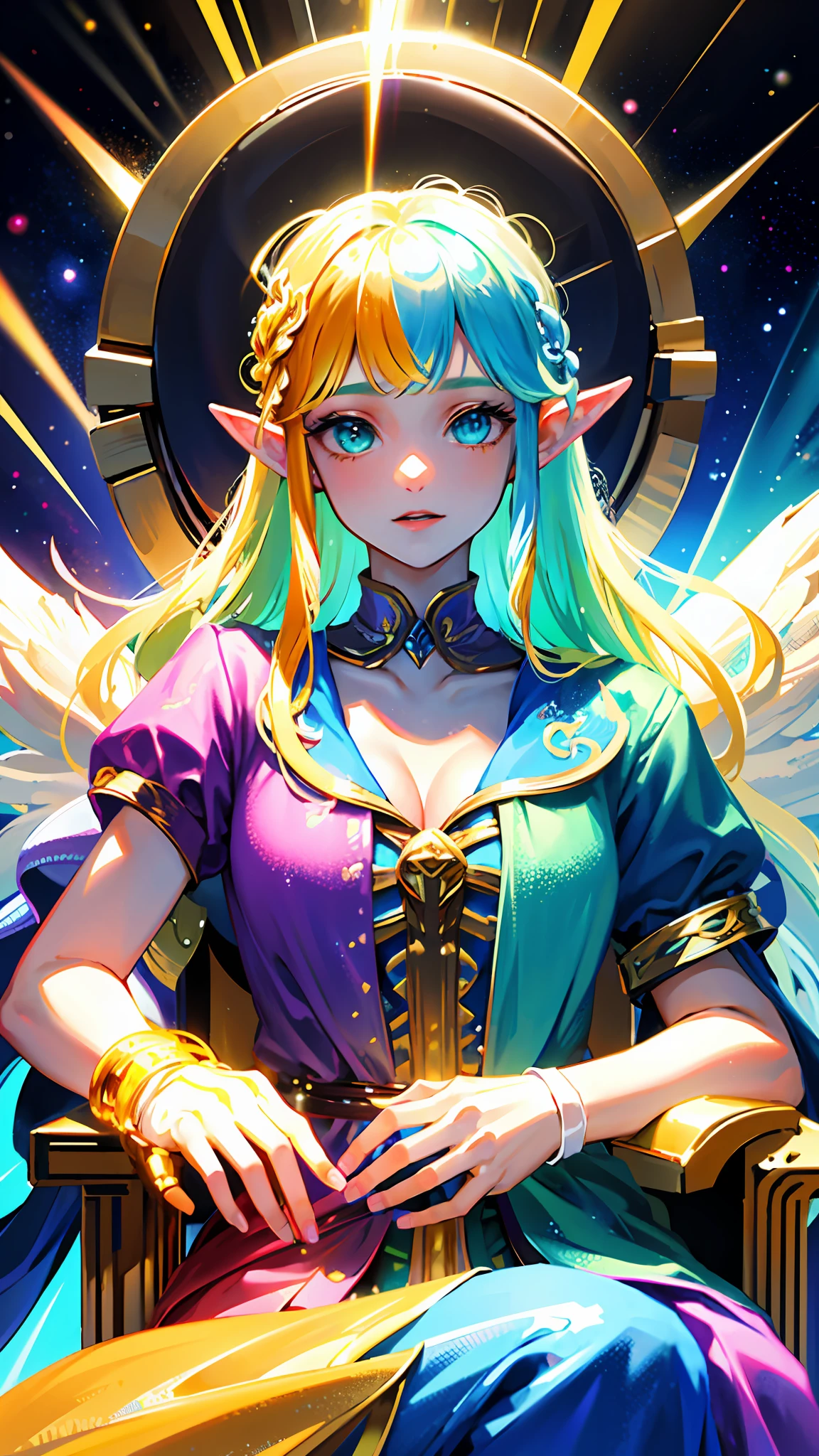 Person (High Elf Colossal Goddess), Clothing (wearing rainbow-colored gloves), Depiction (Upper body of a person sitting on a throne in outer space), Image quality (4K, Golden Ratio)