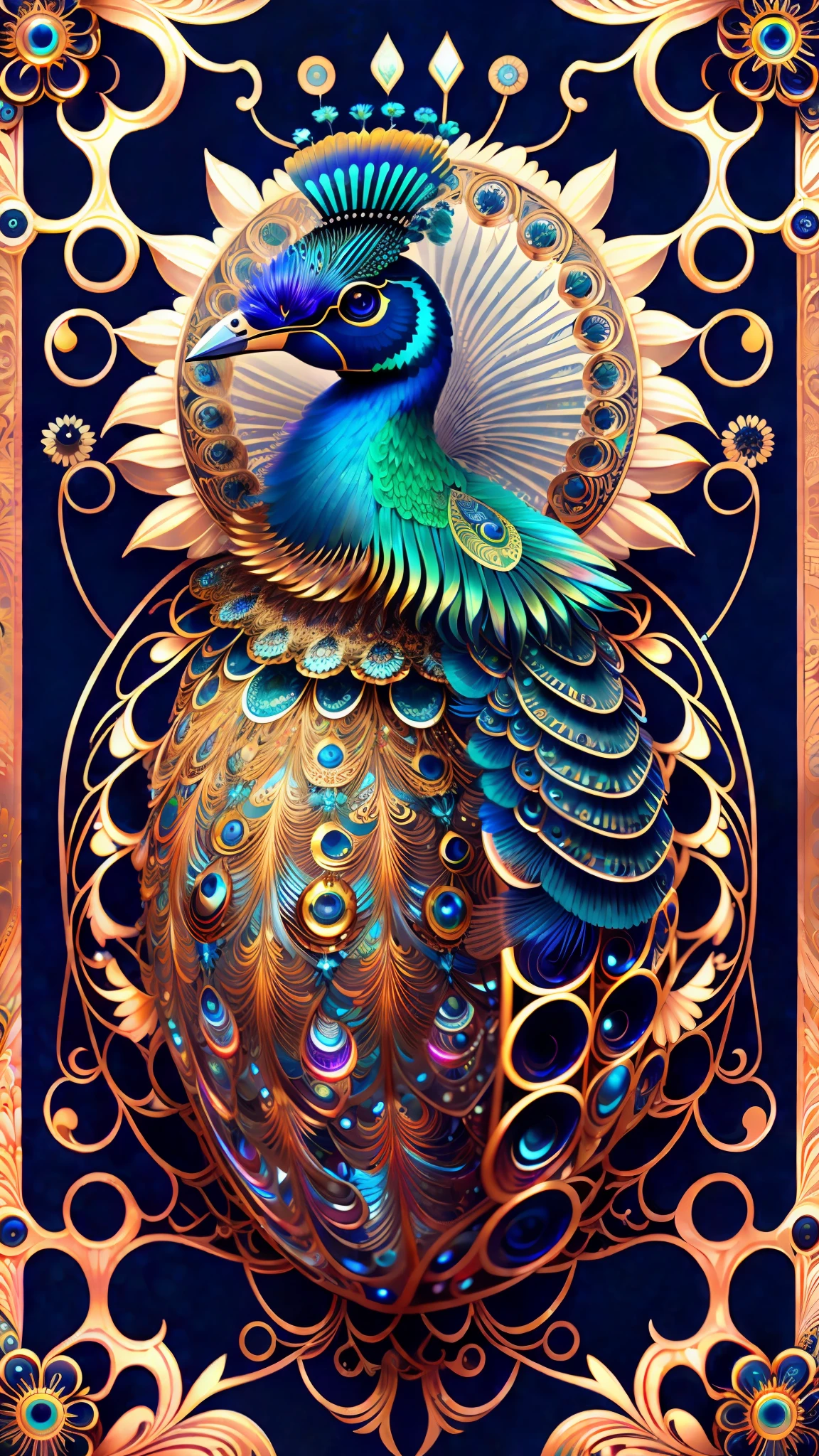 android mechnical peacock,robot wings,earnst haeckel, james jean. generative art, baroque, intricate patterns, fractalism, movie still, photorealistic, vibrant peacock feathers, intricate, elegant, highly detailed, digital painting, artstation, smooth, sharp focus, illustration, outrun, vaporware,full body shot