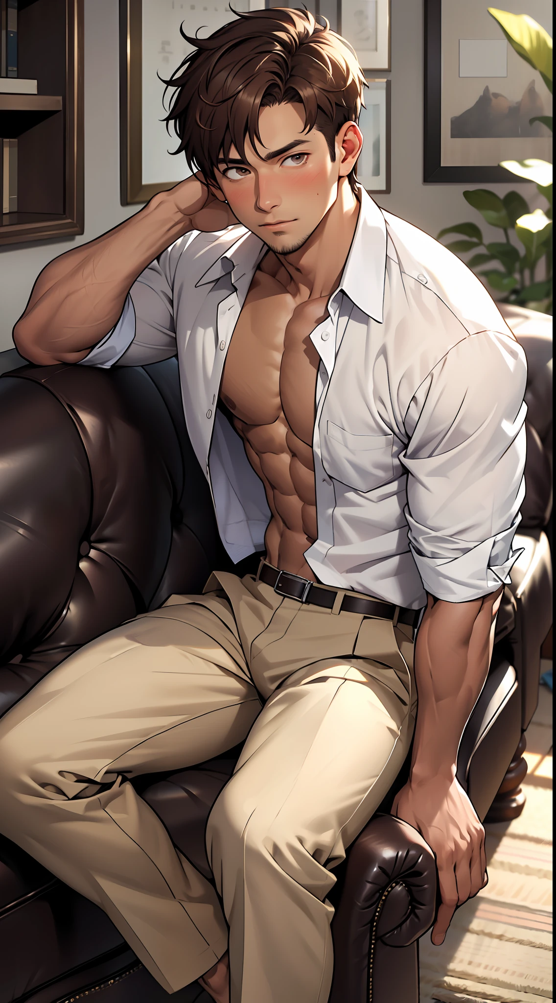 (masterpiece, best quality ), 1man, muscular, short hair, brown eyes, intricate, (living room) , full body, white office uniform, open shirt, vivid colors,(depth of field:1.2),(abs),blush, looking at viewer, sitting on couch, shirt open, shirtless, visible pectorals