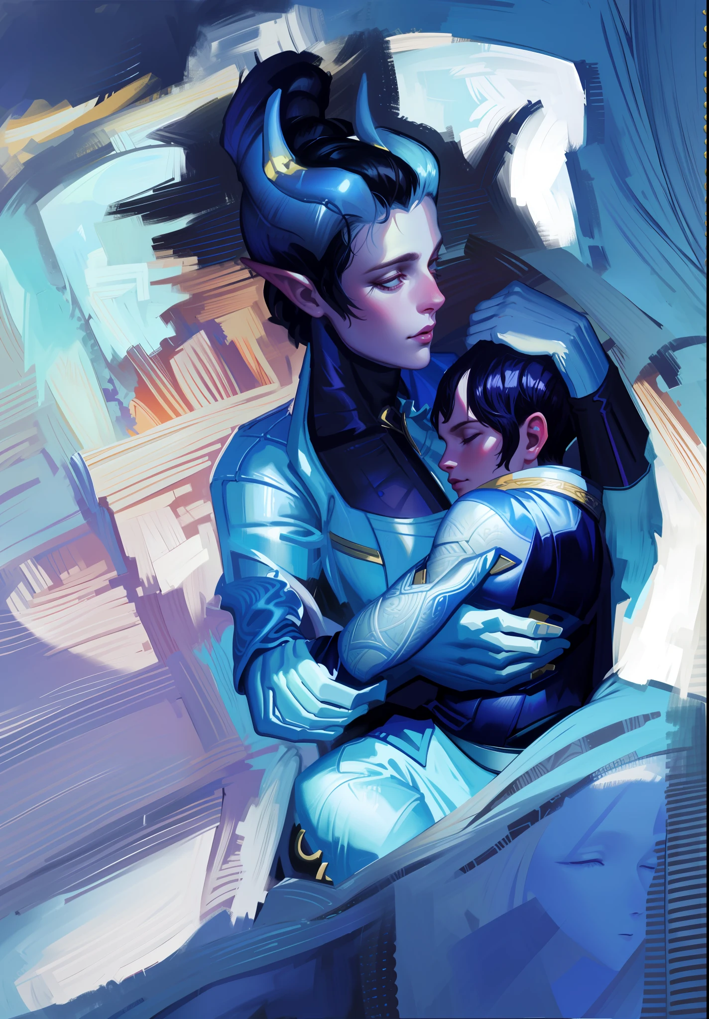 hyper detailed gouache style painting portrait of gorgeous Tiefling mother and her son, sleeping time, smooth shadows, hyper realistic textures, 8k, best quality, masterpiece, smooth shadows, correct anathomy, expressive painting, magic cozy scene, warm lights, pastel colors
