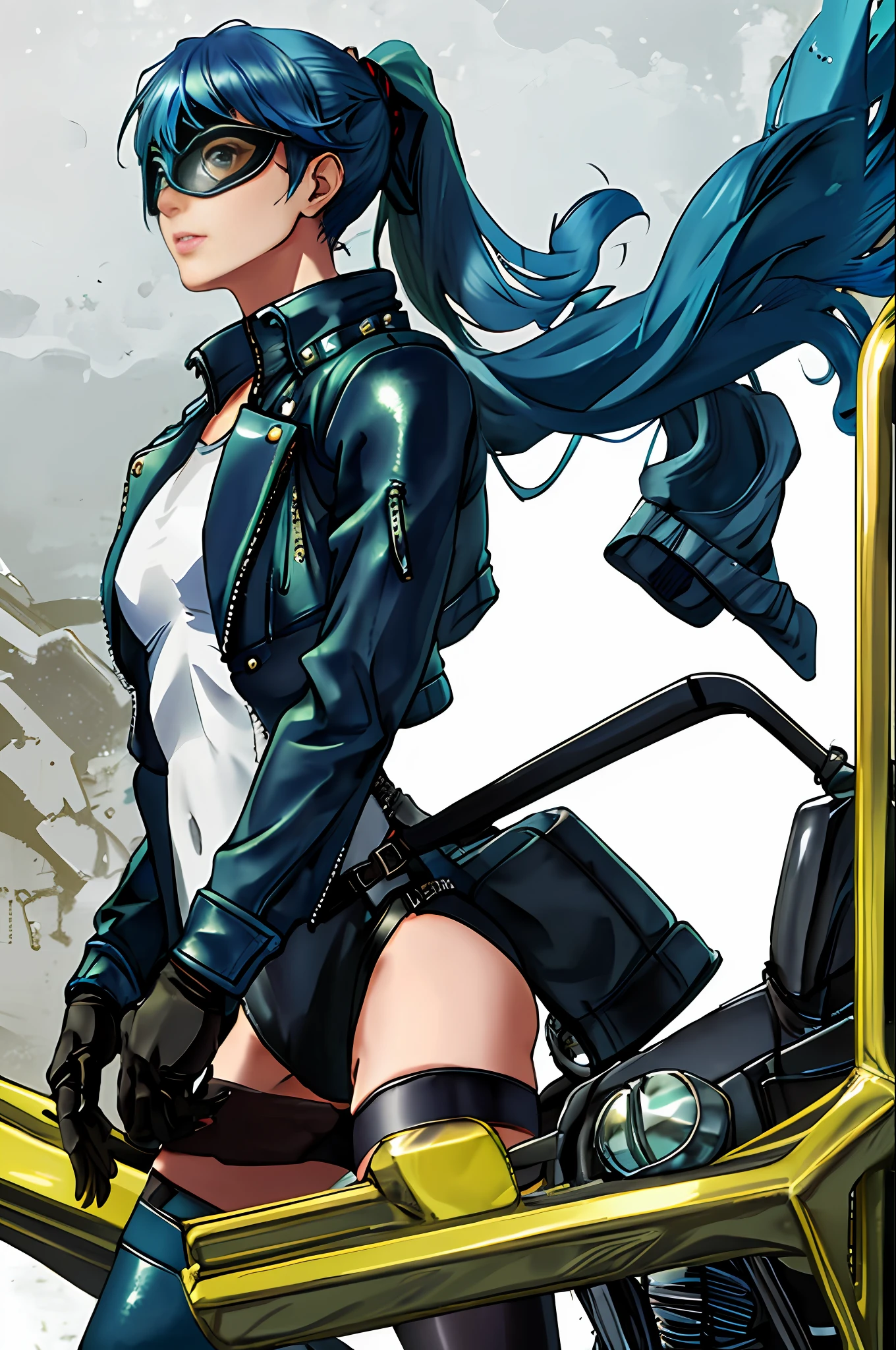 1woman, solo, masterpiece, best quality, highres, blue hair, gradient hair, green hair, long hair, ponytail, masquerade eye mask, leotard, leather jacket, gloves, stockings