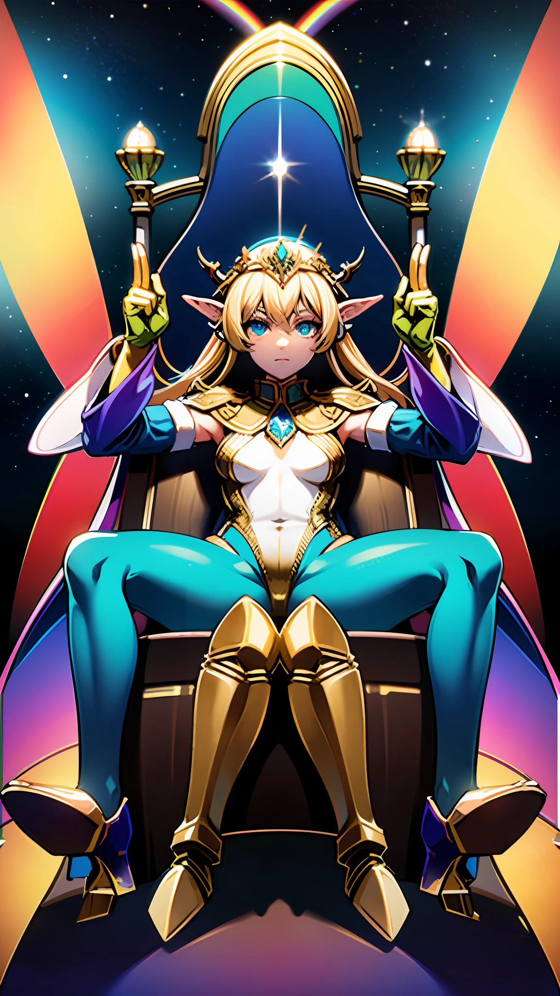 Person (High Elf Colossal Goddess), Clothing (wearing rainbow-colored gloves), Depiction (Upper body of a person sitting on a throne in outer space), Image quality (4K, Golden Ratio)