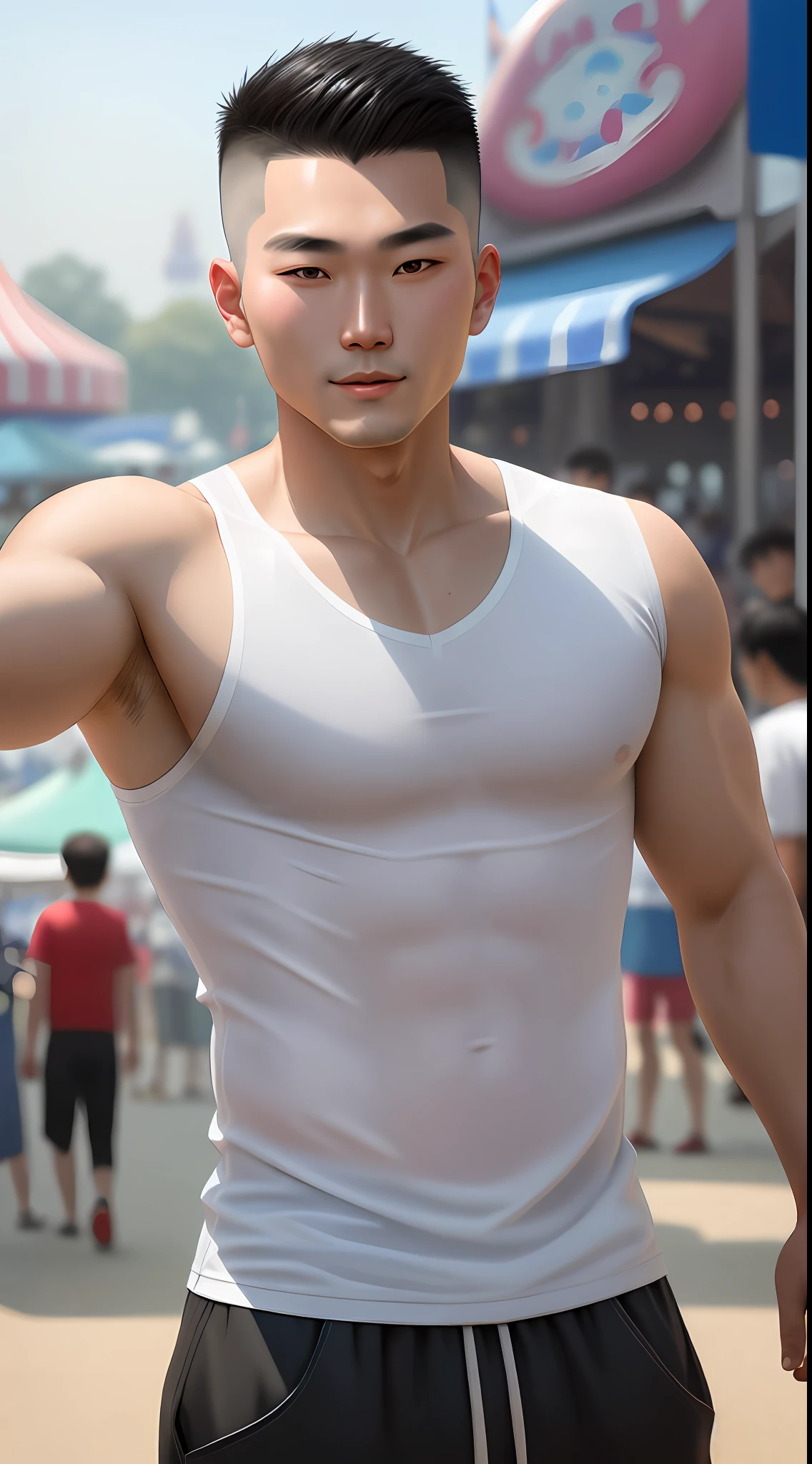 (selfie portrait) handsome man Young Korean shaved without T-shirt hair shaved strands detailed pircing in the ear, in the amusement park shadows, detailed face, hot sun, lively, genital bulge
