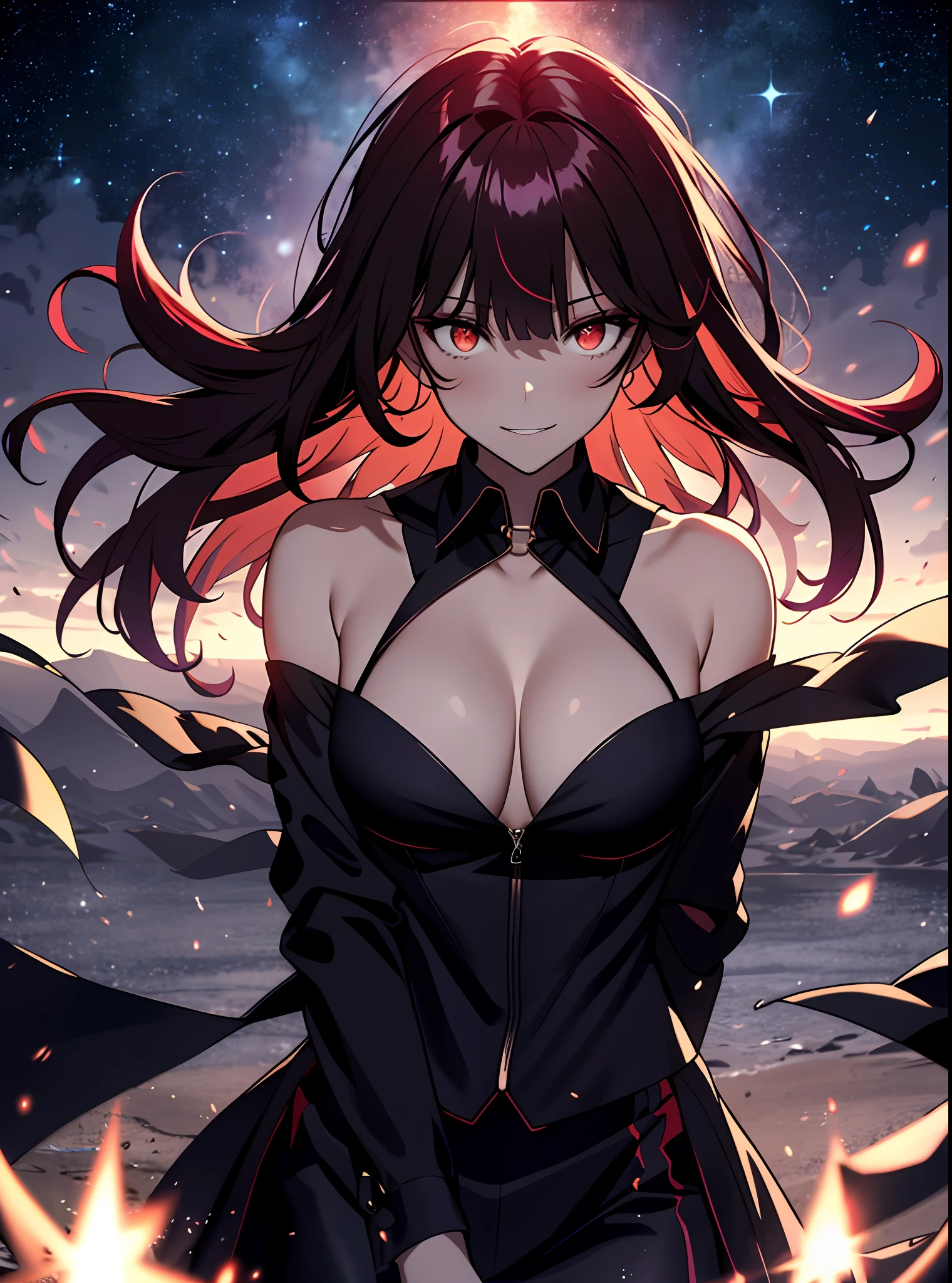 very long hair, red-colored hair, jacket, Black_jacket, red_eyes, bangs, school_uniform, straight hair, blunt_bangs, looking down at the viewer, big, full body, crazy eyes, insane, wide open eyes, glowing eyes, shiny lips, blush, satisfying look, sexually aroused, obsessive look, crazy smile, hands from the frame, Adults (), plump, red hair, ((Gorgeous starry sky background)), ((Ultra Definition)), ((Best Illustration)), (Shine: 1.2), (Shine: 1.2), (Best Quality), (Masterpiece: 1.2), (Anime-style), (Solo), Beautiful Detail Face, (Long Hair: 1.2), (Floating Hair: 1.2), Detailed Costumes, (Magic Effects: 1.3), (Transparent Fabric: 1.1), (Twinkle: 1.2), (Glow: 1.2), ( Shine: 1.2), (Flicker: 1.2) , (Dazzle: 1.2), Big, Big breasts, Full body, Black miniskirt, evil grin, slightly open mouth, blush, Excited face, Bewitching look, Estrus, Clothes with open chest, Cleavage, Naughty look, Lustful face