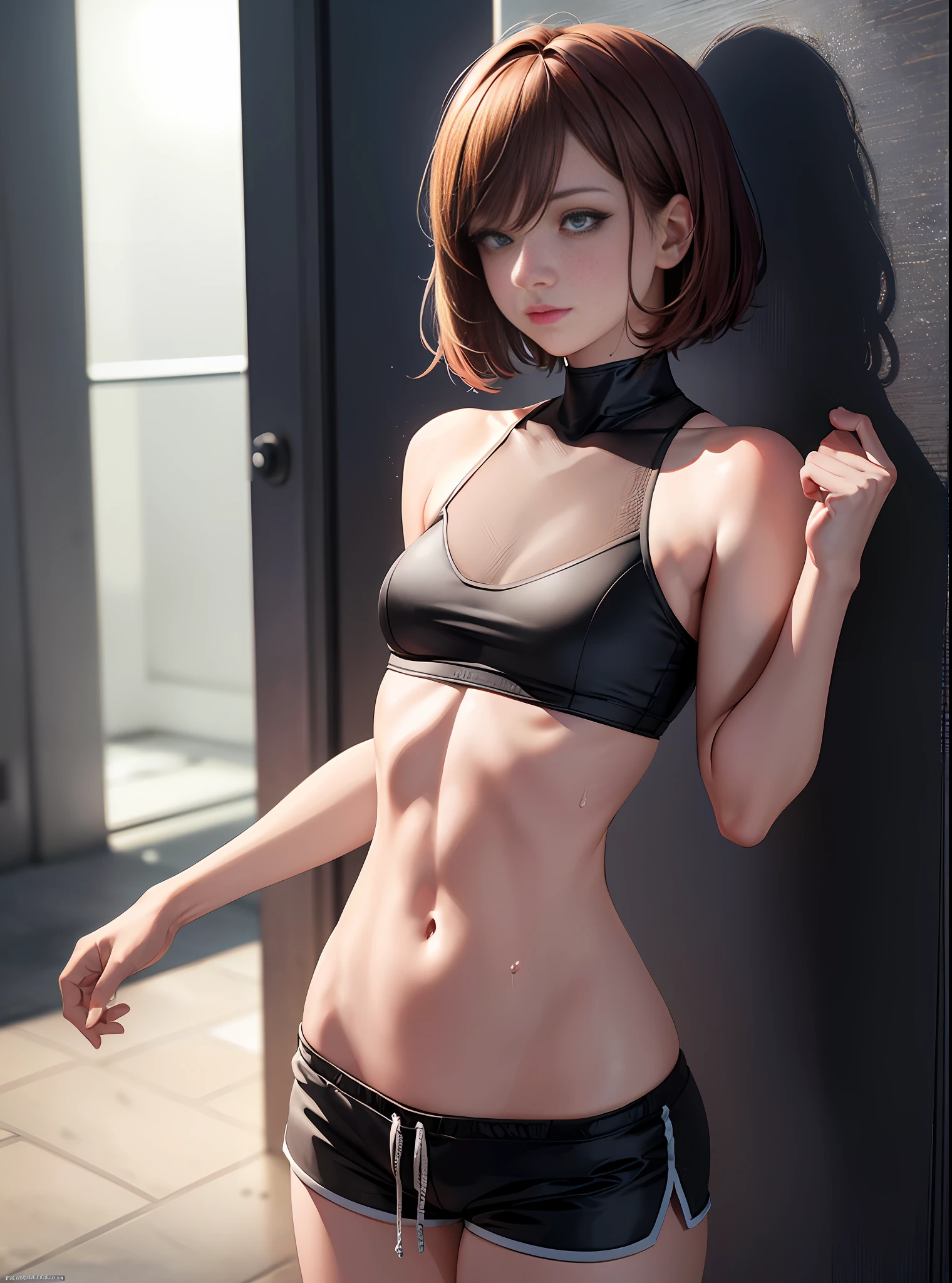 Adult Woman Alone, (((Medium Chest, Small Head)), Bare Upper Body, (Minus Belly: 1.6), (Perfect Body: 1.1), (Short Bob Hair: 1.2), Auburn Hair, Full Body, Exercise, Sweat, Femboy, Lid ((Shorts)), (Extreme CG 8k Wallpaper), (Exquisite), (Masterpiece), (Best Quality: 1.0), (Ultra High Definition: 1.2), Best Lighting, Perfect lightning, realistic shadows, [High Resolution] detailed skin, super detailed (((color))))