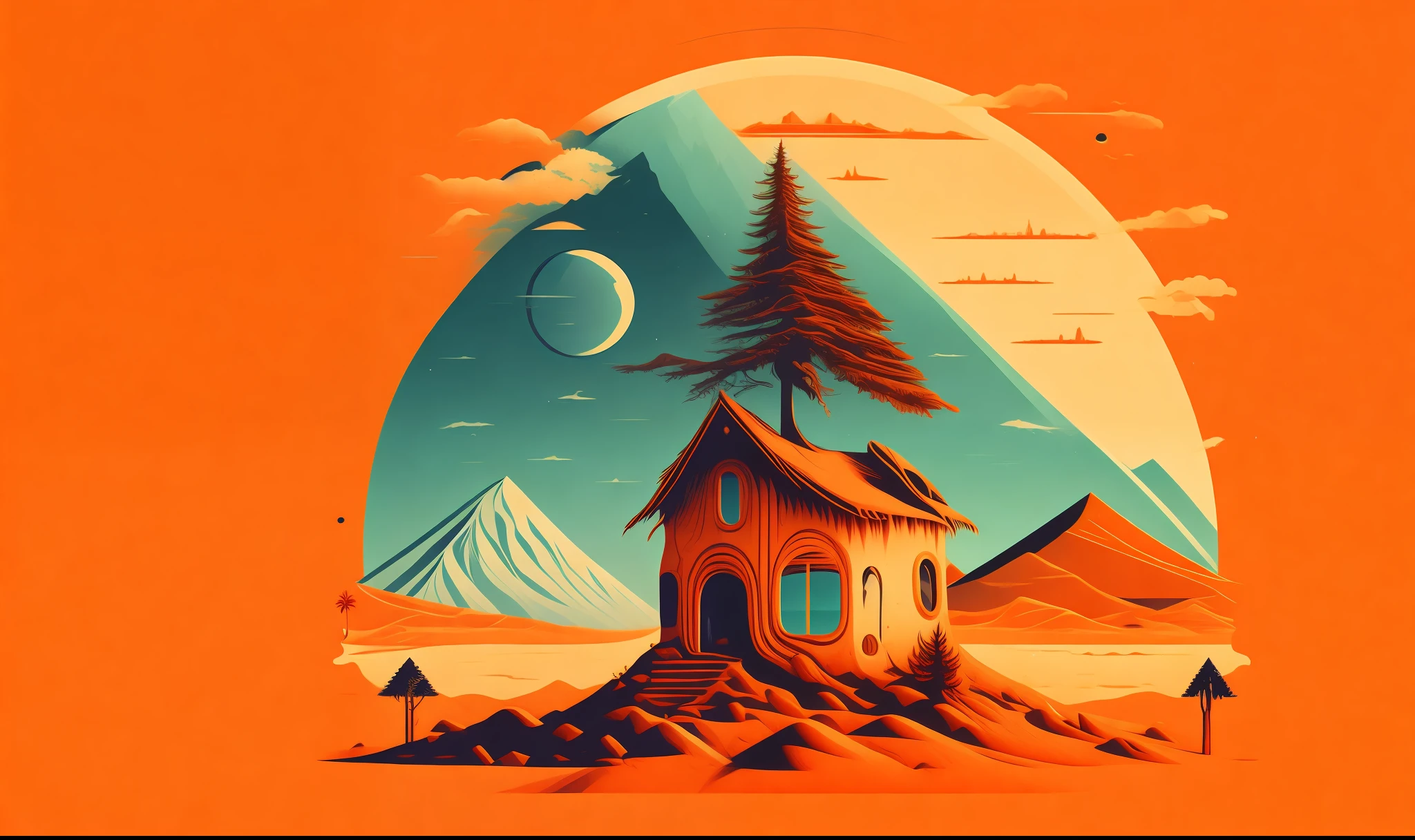A fir house in a mars landscape, T-shirt design, rzminjourney, vector art