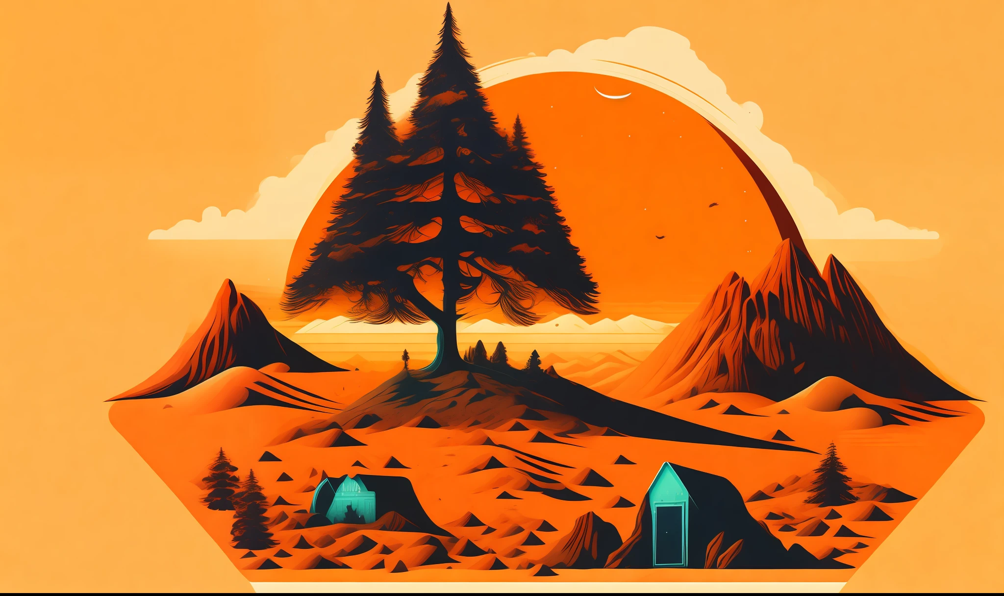 A fir house in a mars landscape, T-shirt design, rzminjourney, vector art