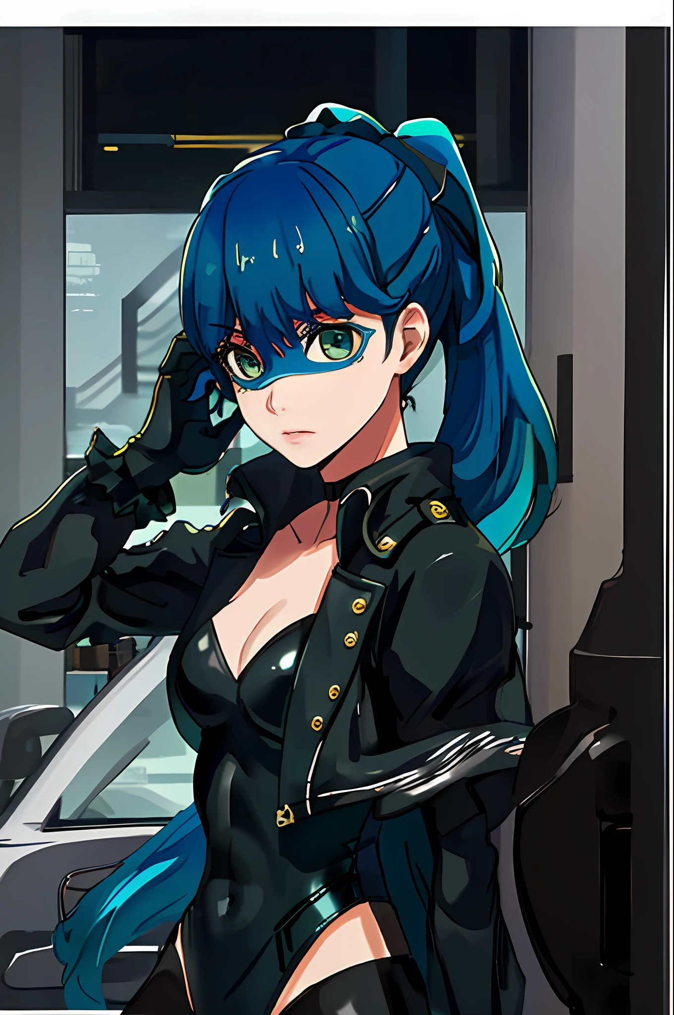 1woman, solo, masterpiece, best quality, highres, blue hair, gradient hair, green hair, long hair, ponytail, masquerade eye mask, black leotard, leather jacket, gloves, stockings, clean lines,
