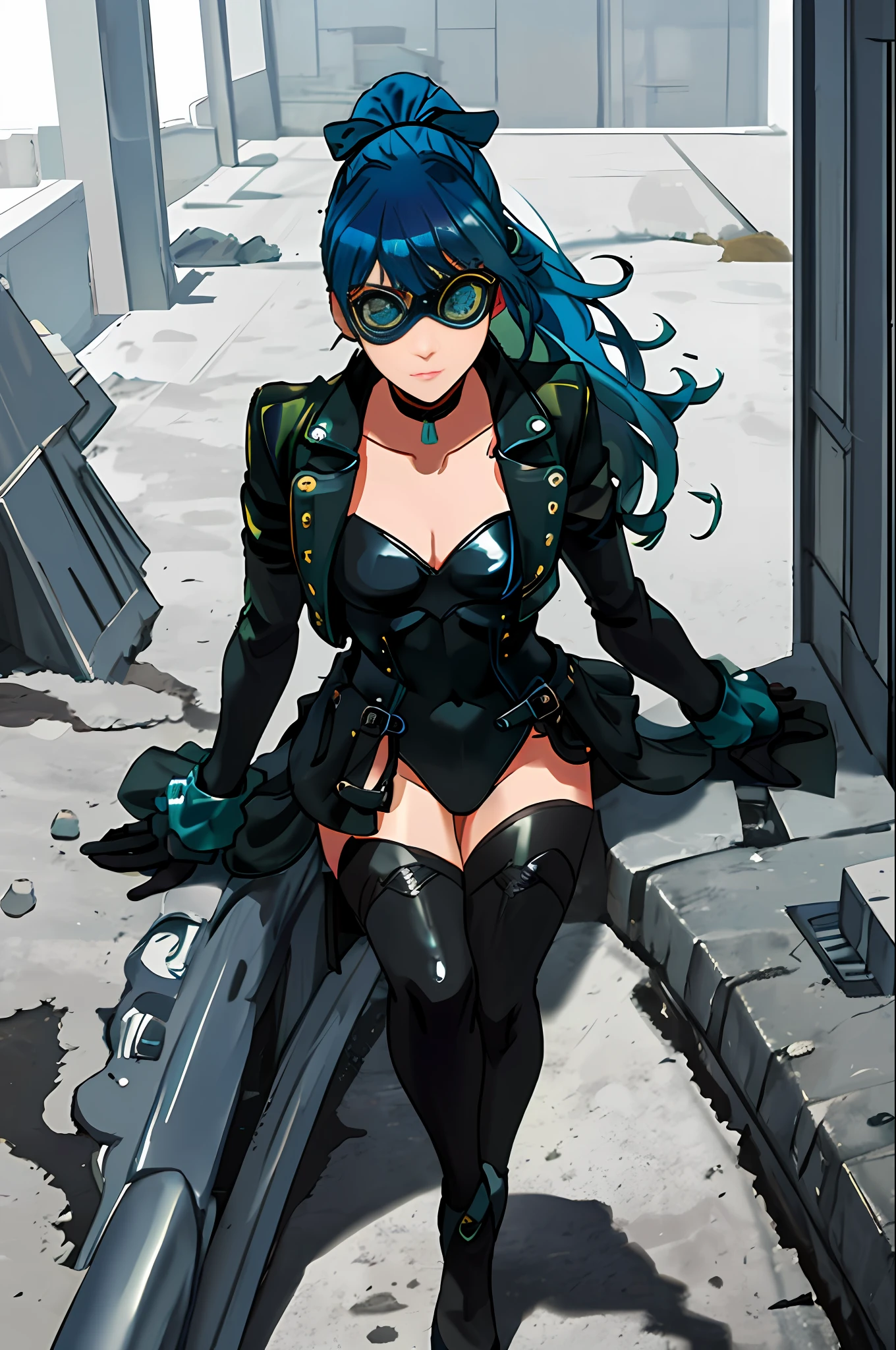1woman, solo, masterpiece, best quality, highres, blue hair, gradient hair, green hair, long hair, ponytail, masquerade eye mask, black leotard, leather jacket, gloves, stockings, clean lines,