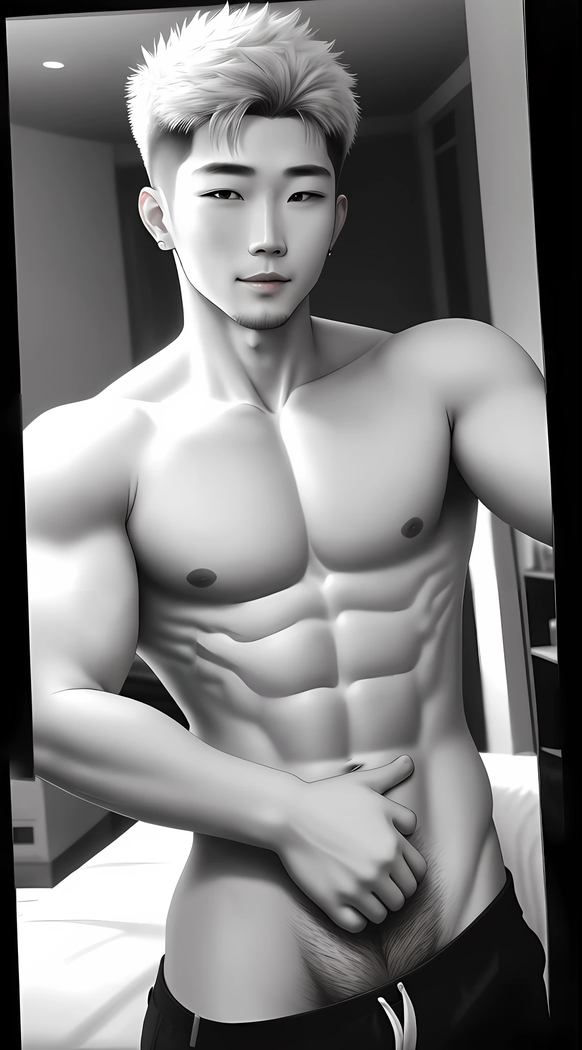 (selfie portrait) handsome man Young Korean healed without T-shirt shaved hair pircing in the ear, in the fourth face detailed erect genital bulge