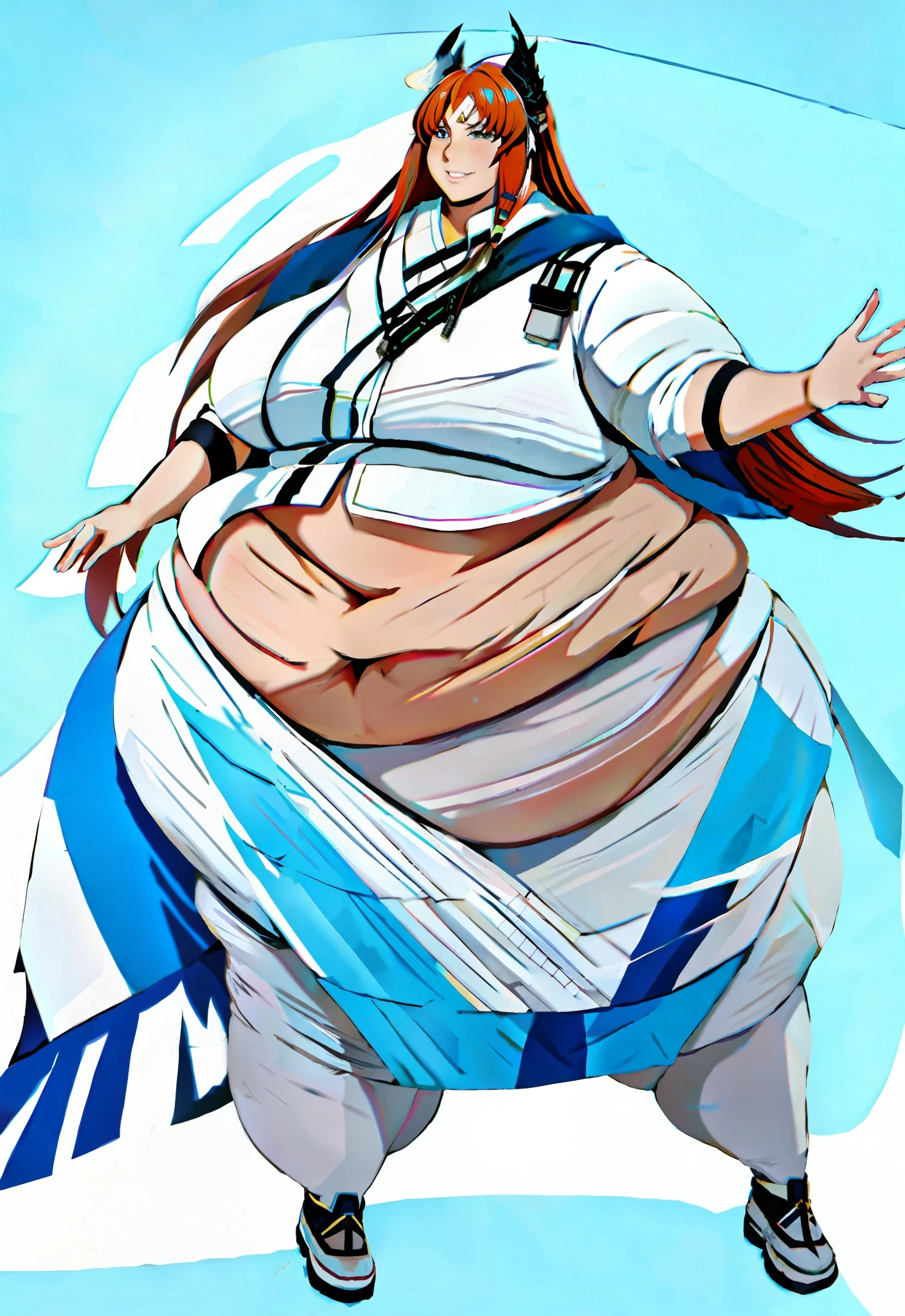Huge round, Fat belly ((down to Knees)) Anime art of a handsome!!! yet fat young man with he has a jiggly fat round belly!!, thicc, ((his belly is fat and round)), full body portrait of a tall!, ((fat, round body, obese )), insanely inflated hips, fullbody commission for, morbidly obese, chubby cheeks, double chin, large thighs, huge belly,expression(Smug),(( High quality, Masterpiece)) ((Passenger from Arknights in a White Kimono, belly visible))