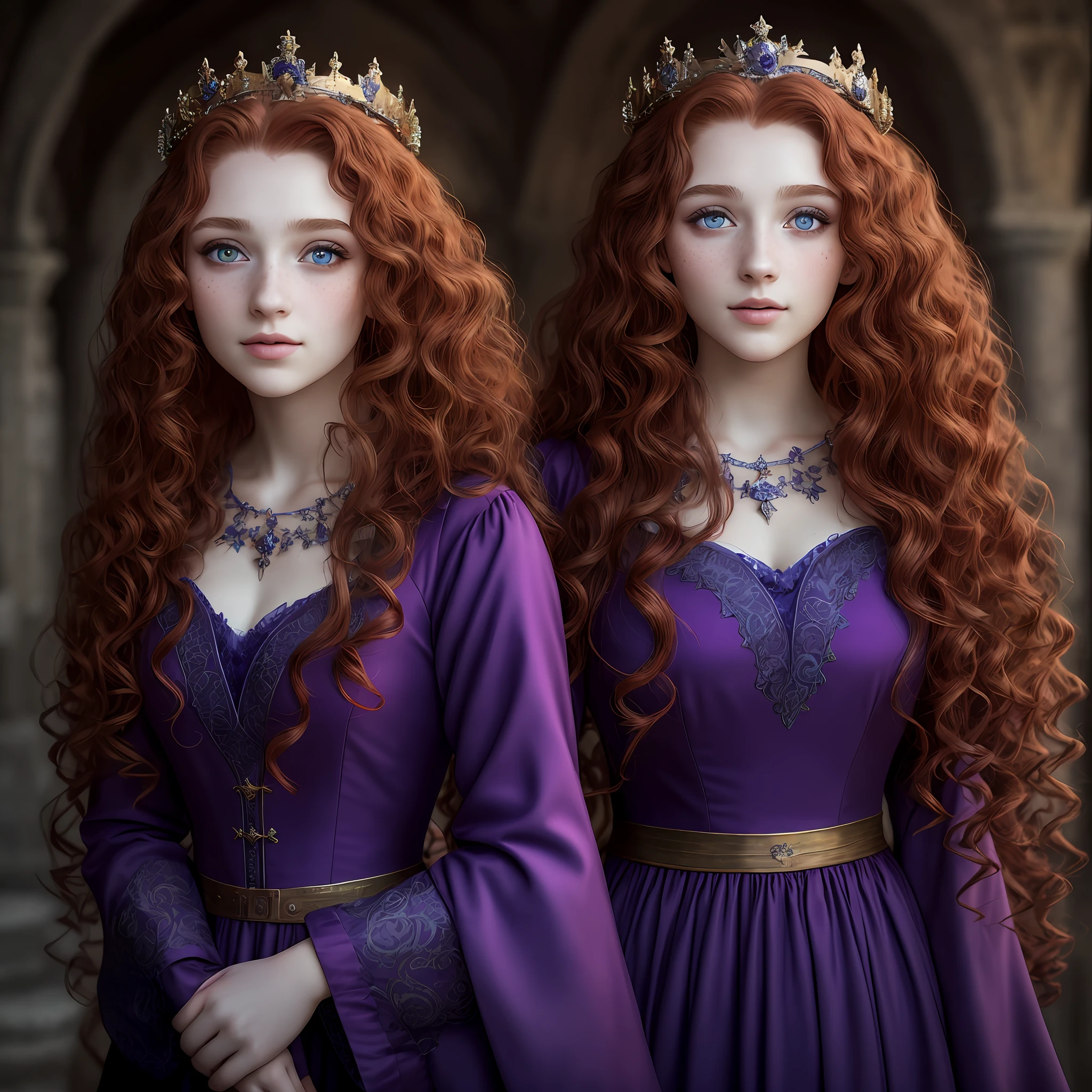 Beautiful Woman,With 23 Years Looking,Princess,With Long Red and Curly Hair and Voluminous,Super Detailed and Perfect Blue Eye,High Resolution,With Freckle On Face,Wearing Purple Medieval Dress,With Thin And Detailed Crown,High Resolution,Ultra Quality,HD,4K,8K