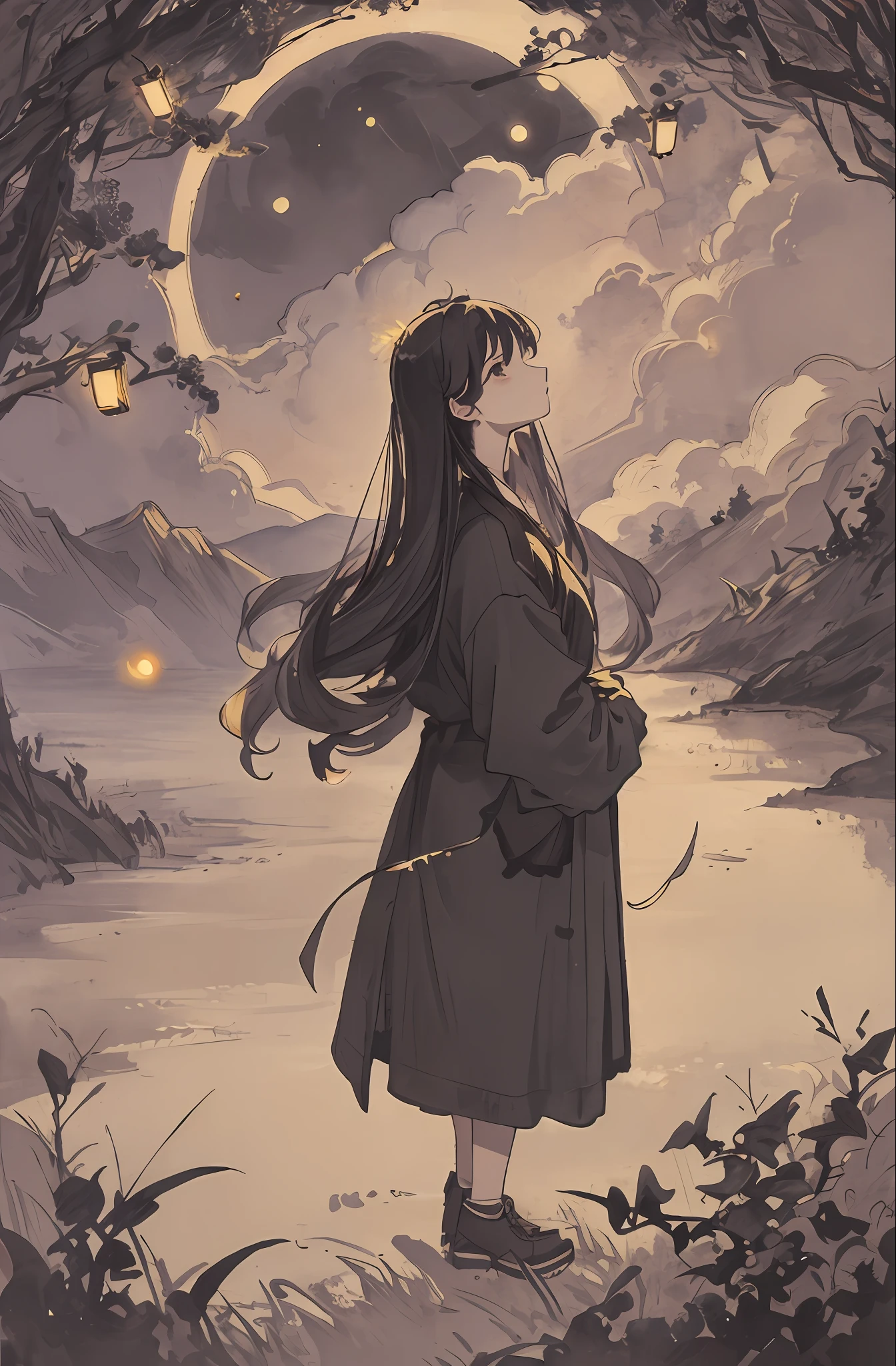 Masterpiece, best quality, night, hills, clouds, full moon, long hair, woman, silhouette, fireflies.