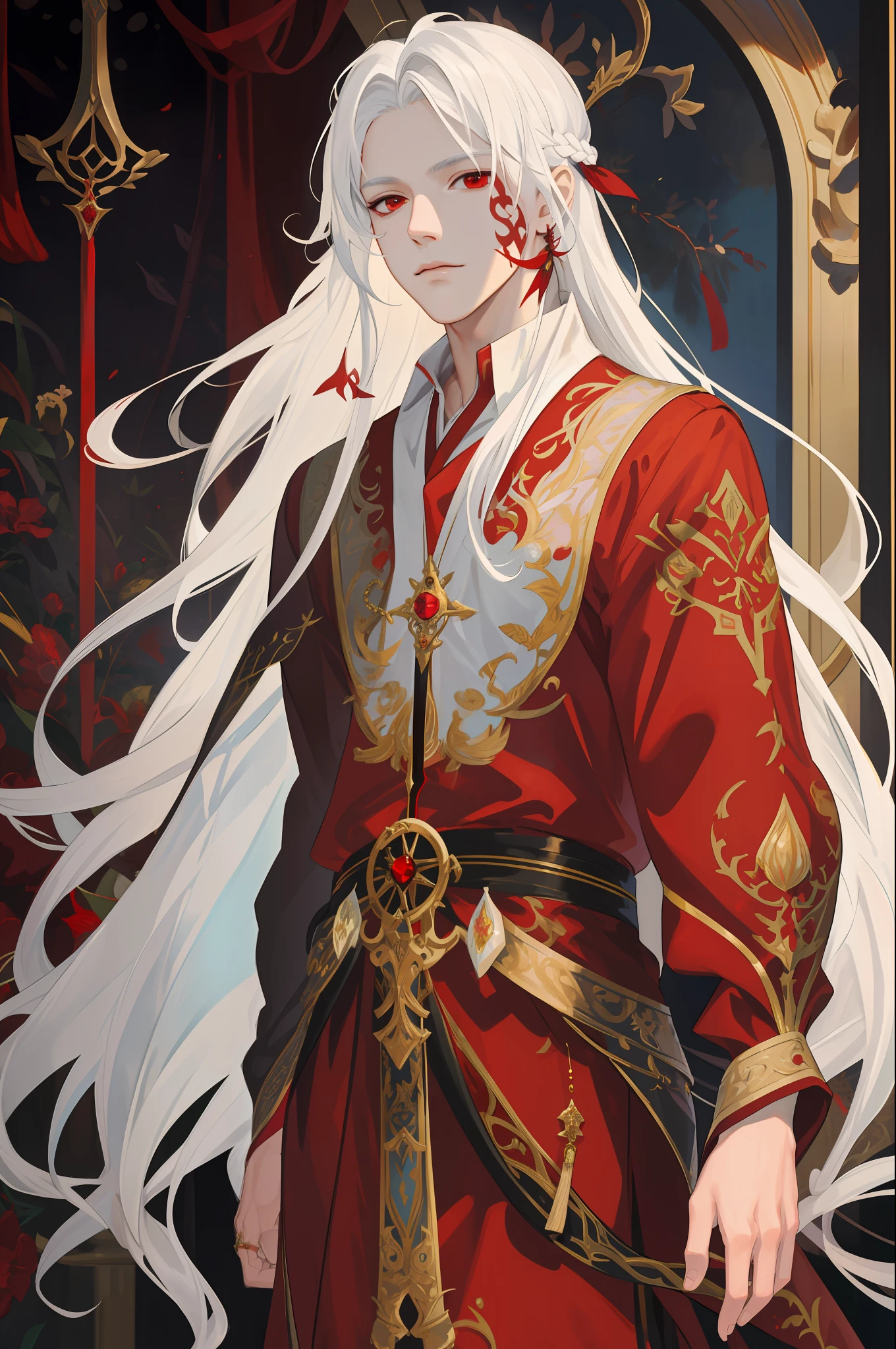NSFW, masterpiece, super-fine, semi-realistic, meticulous facial features, 1boy, white hair, long hair, red eyes, wearing exquisite fairy costume, fairy sword
