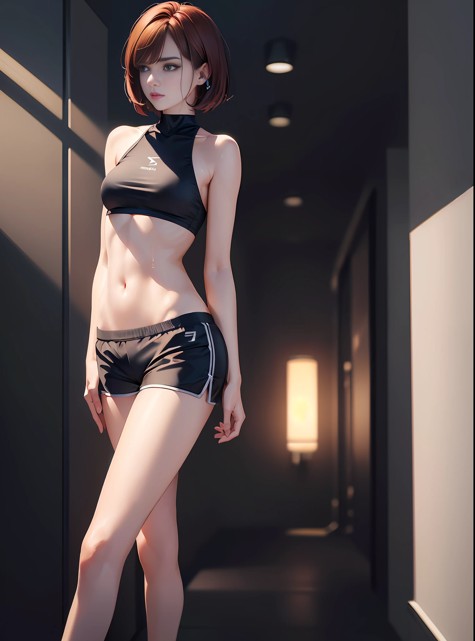 Adult Woman Alone, (((Medium Chest, Small Head)), Bare Upper Body, (Minus Belly: 1.6), (Perfect Body: 1.1), (Short Bob Hair: 1.2), Auburn Hair, Full Body, Venus Pose, Exercise, Open Legs, Sweat, Femboy, Lid ((Shorts)), (Extreme CG 8k Wallpaper), (Exquisite), (Masterpiece), (Best Quality: 1.0), (Ultra High Definition: 1.2 ), best lighting, perfect lightning, realistic shadows, [high resolution] detailed skins, super detailed (((color)))