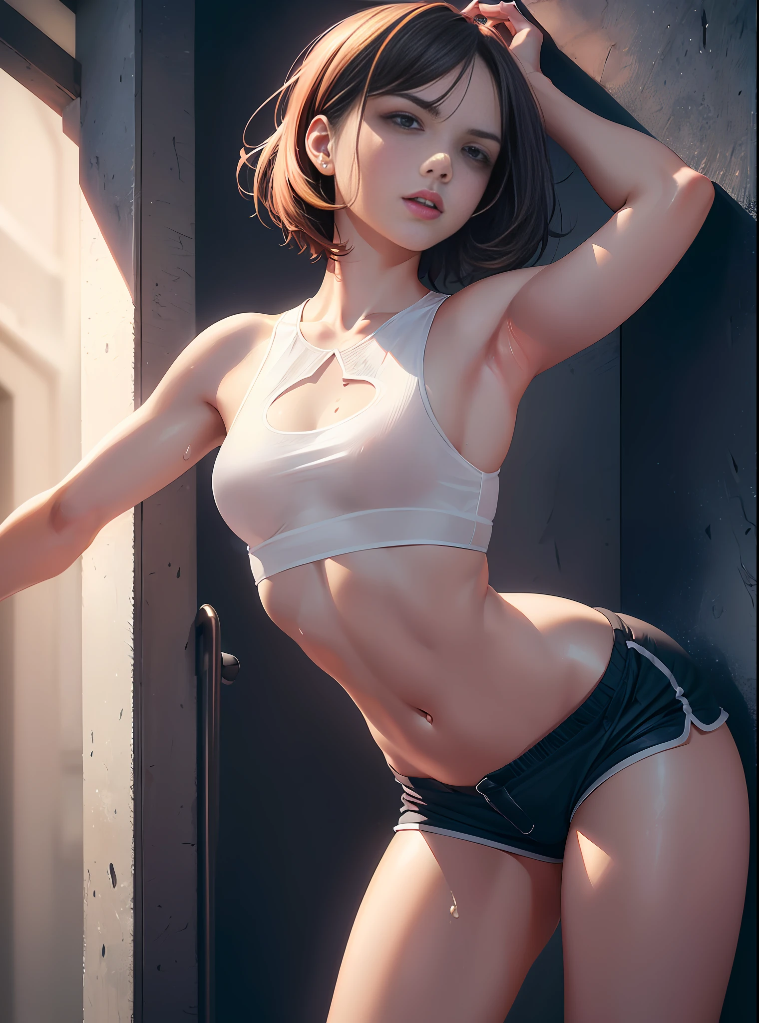 Adult Woman Alone, (((Medium Chest, Small Head)), Bare Upper Body, (Minus Belly: 1.6), (Perfect Body: 1.1), (Short Bob Hair: 1.2), Auburn Hair, Full Body, Venus Pose, Exercise, Open Legs, Sweat, Femboy, Lid ((Shorts)), (Extreme CG 8k Wallpaper), (Exquisite), (Masterpiece), (Best Quality: 1.0), (Ultra High Definition: 1.2 ), best lighting, perfect lightning, realistic shadows, [high resolution] detailed skins, super detailed (((color)))