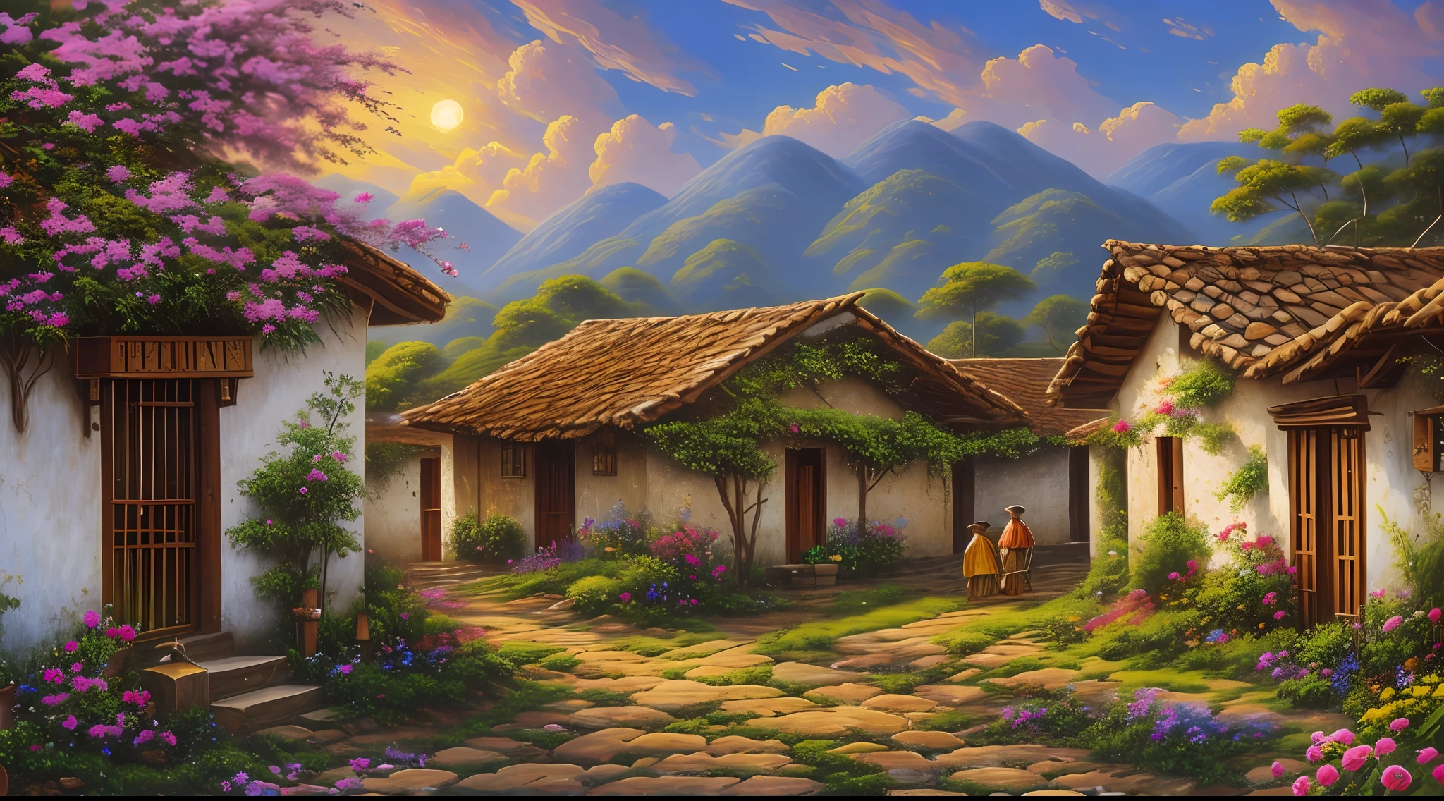 beautiful oil painting, simple village, 1900´s, colombia, landscape, by sung kim, masterpiece, best quality, high quality, highres, amazing lighting, detail enhancement, 8k resolution, awe inspiring, super wide angle, hd, super wide angle