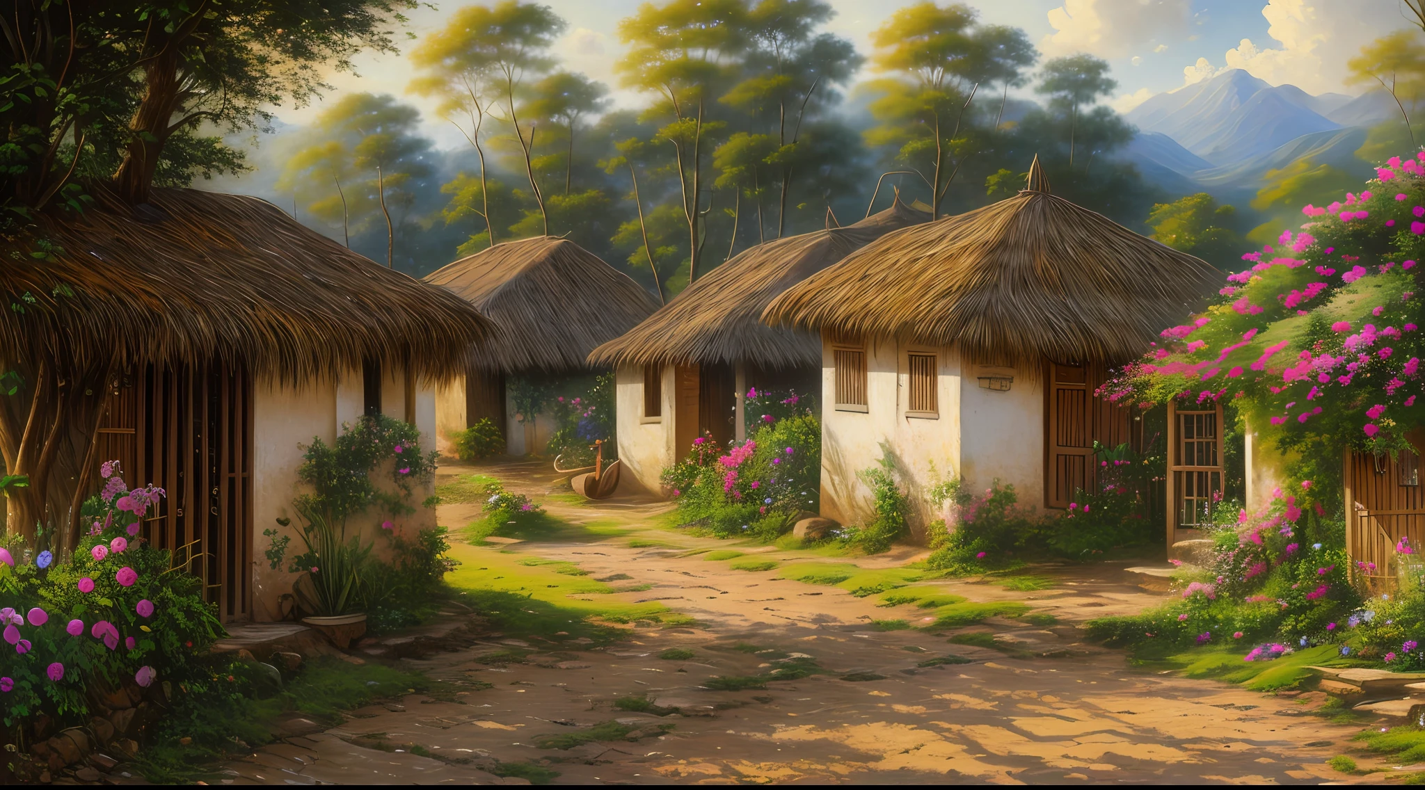 beautiful oil painting, simple village, 1900´s, colombia, landscape, by sung kim, masterpiece, best quality, high quality, highres, amazing lighting, detail enhancement, 8k resolution, awe inspiring, super wide angle, hd, super wide angle