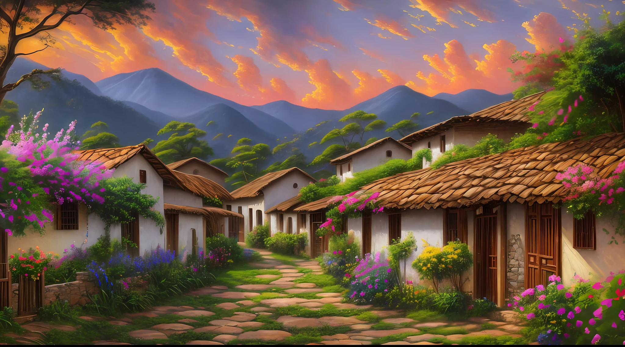beautiful oil painting, simple village, 1900´s, colombia, landscape, by sung kim, masterpiece, best quality, high quality, highres, amazing lighting, detail enhancement, 8k resolution, awe inspiring, super wide angle, hd, super wide angle