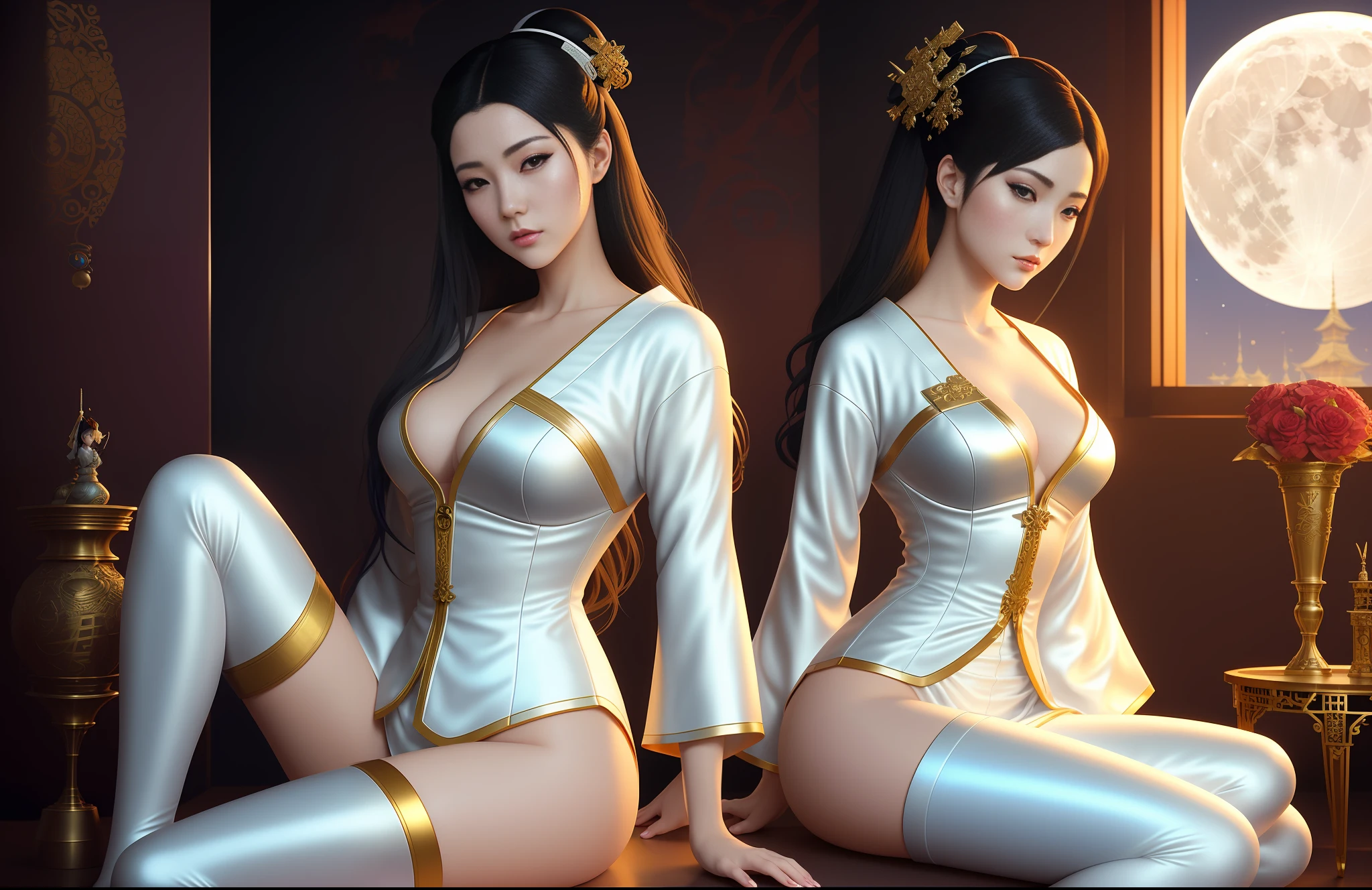 a pale japanese geisha curvy 18 years old girl, short shiny messy hair, (full moon), wearing white ninja suit, holding a magical kunai,sitting on a emperor's throne highly detailed, full lenght, trending on artstation, unreal engine 4 k, cinematic wallpaper by stanley artgerm lau, wlop, rossdraws, james jean, andrei riabovitchev, marc simonetti, yoshitaka amano. background by james jean and gustav klimt, light by julie bell, 4 k, porcelain skin, style of zdislaw beksinski, detailed, 8k, dynamic lighting, white chromatic aberration, smooth, hanyamask