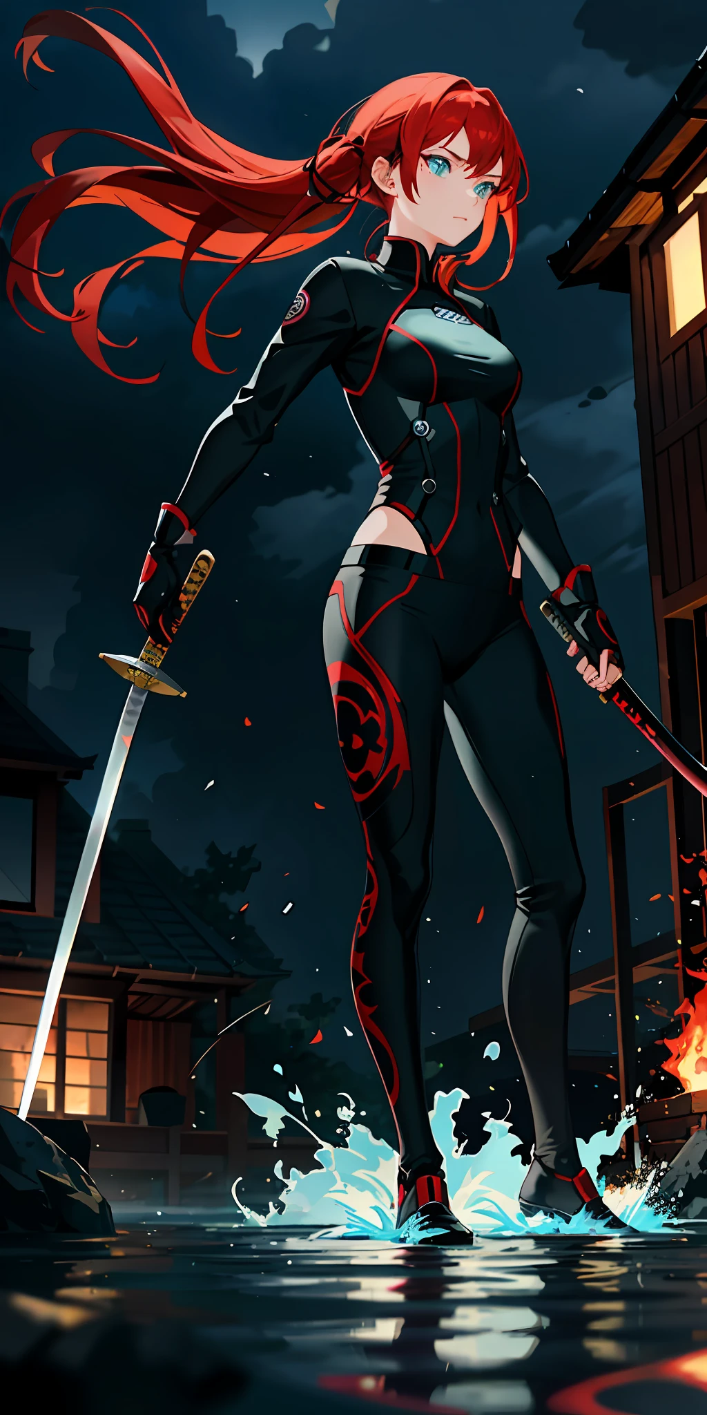 1girl,red hair, aqua eye, katana, water, burning houses, glowing, sidelighting, wallpaper,full body,