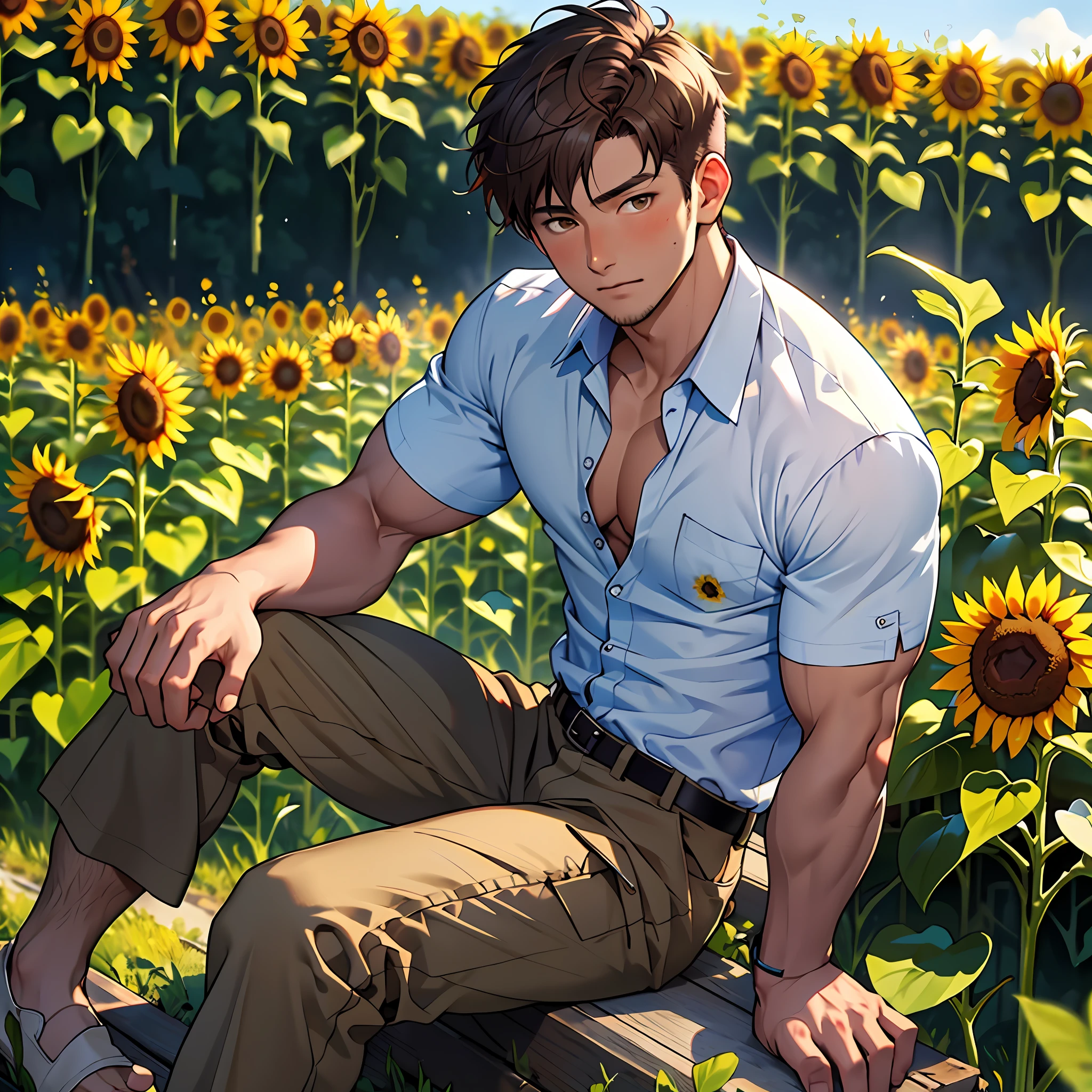 (masterpiece, best quality ), 1boy, young,muscular, short hair, brown eyes, intricate, grass, (sunflower field) , full body, white office uniform, open shirt, open pant, vivid colors,(depth of field:1.2),(abs),blush, looking at viewer, sitting on grass, shirt open, shirtless, visible pectorals