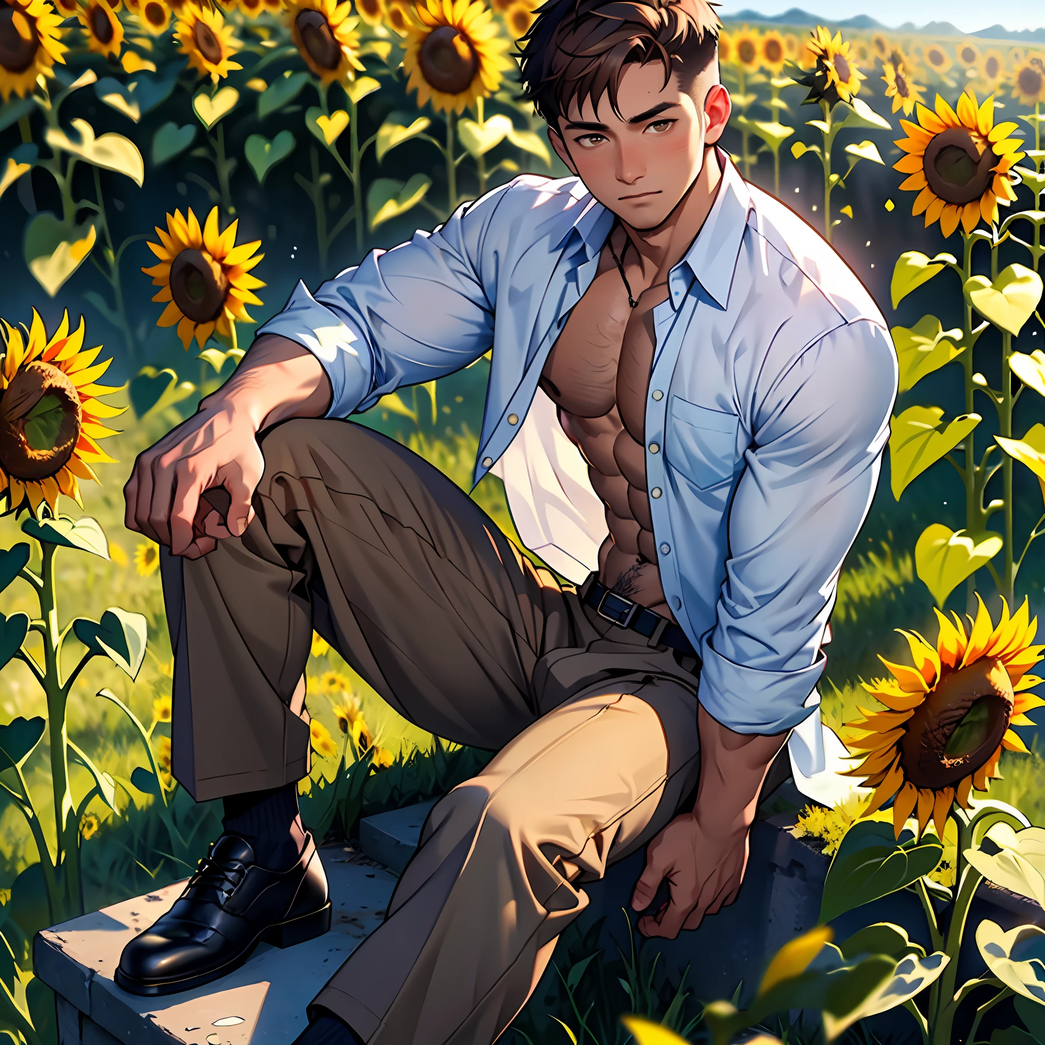 (masterpiece, best quality ), 1boy, young,muscular, short hair, brown eyes, intricate, grass, (sunflower field) , full body, white office uniform, open shirt, open pant, vivid colors,(depth of field:1.2),(abs),blush, looking at viewer, sitting on grass, shirt open, shirtless, visible pectorals