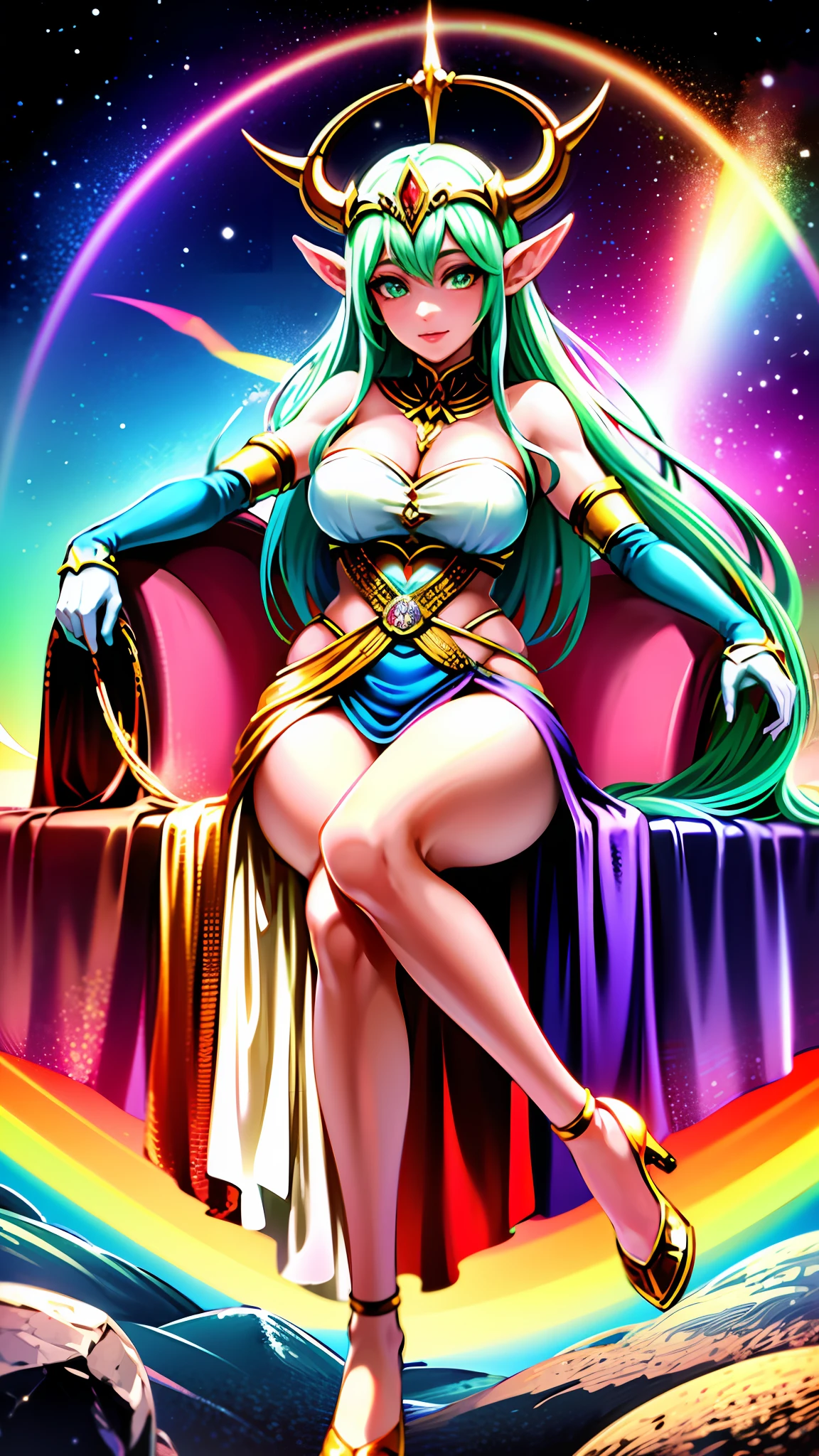 Person (High Elf Colossal Goddess), Clothing (wearing rainbow-colored gloves), Depiction (Upper body of a person sitting on a throne in outer space), Image quality (4K, Golden Ratio)