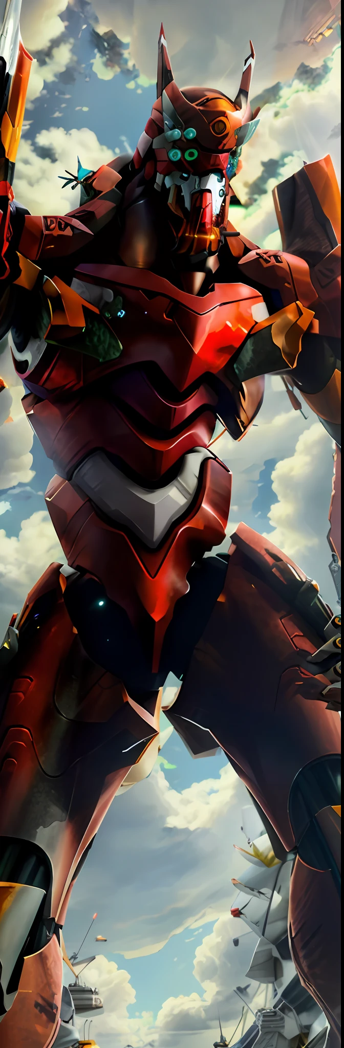 ((eva 02), evagod:1.1), evagenlion, Concept Design, sci-fic character design, SCIENCE FICTION, giant robot, advanced metal and Ceramic Mecha, Accurate EVA 02 head details, high-tech, huge android, (outdoors, sky, clouds), global illumination, rim light, octane rendering, ray tracing, 4k, Best quality, masterpiece, high res, highly detailed, scientific anatomy, carbon fiber, titanium alloy, hyperrealistic, anatomical, beautiful Tokyo-3 background, CG, unity, wallpaper, Futurism, epic sense, doomsday, sci-fi fighter, giant machinery, correct perspective