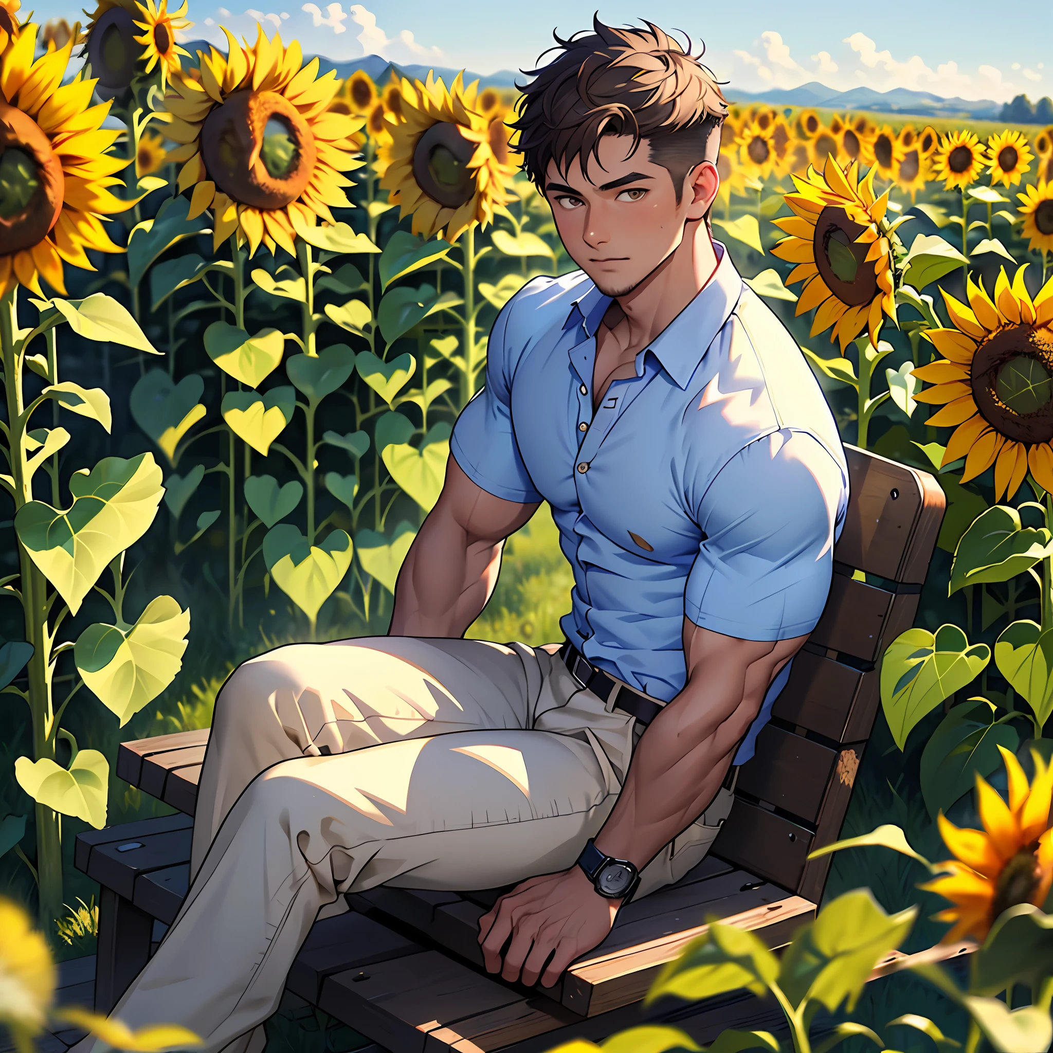 (masterpiece, best quality ), 1boy, young,muscular, short hair, brown eyes, intricate, grass, (sunflower field) , full body, white office uniform, shirtless, muscles shining in sunlight, open button pant, loose pant, vivid colors,(depth of field:1.2),(abs),blush, looking at viewer, sitting on grass, shirtless, visible pectorals