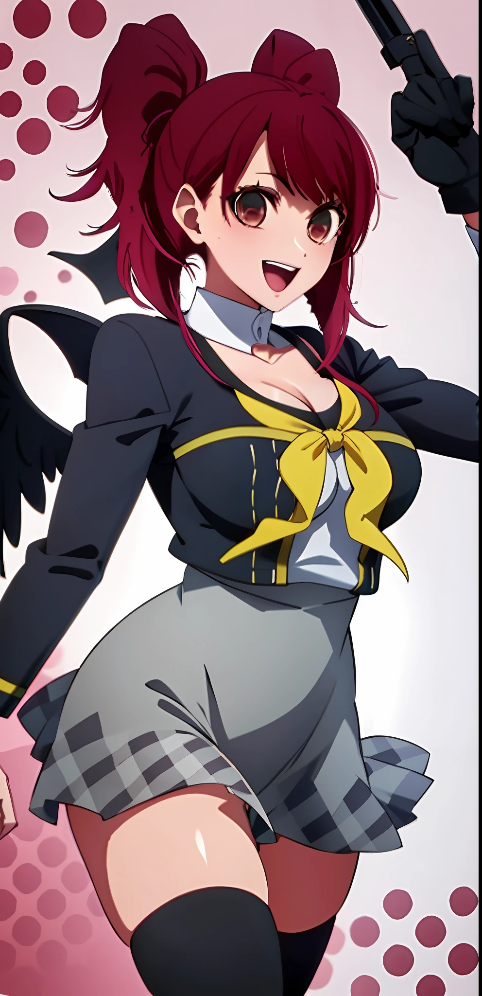 ,1 girl,solo,risekujikawa,smile,school uniform,yellow neckerchief,black plaid skirt,black thigh highs,( large breasts:1.4),open mouth