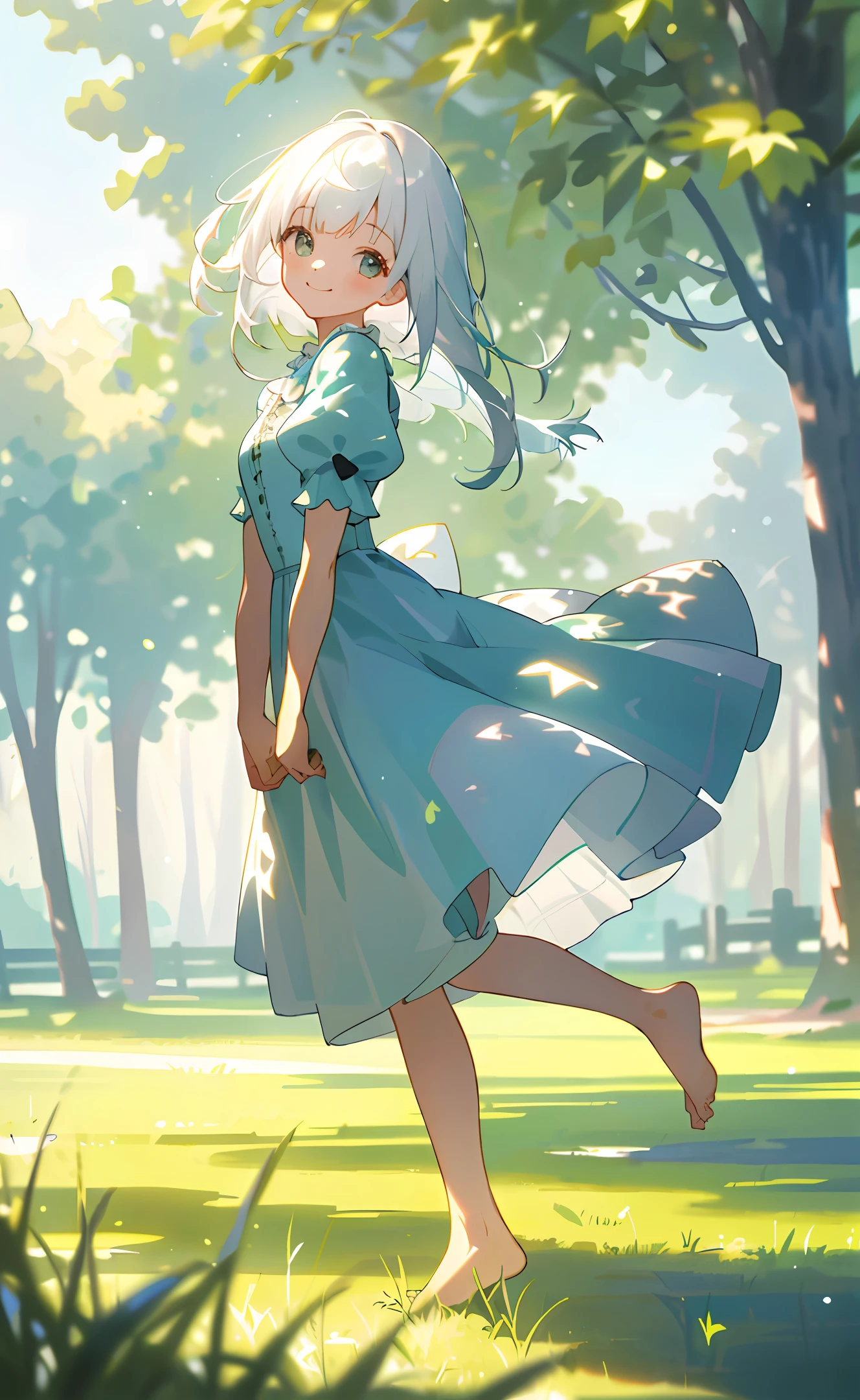 ((masterpiece,best quality)),1girl, solo,knees up, dress, short sleeves,barefoot, looking at viewer, grass, smile, white hair, puffy sleeves, outdoors, puffy short sleeves, bangs, on ground, full body, white dress, sunlight, dappled sunlight, day, depth of field ,wet