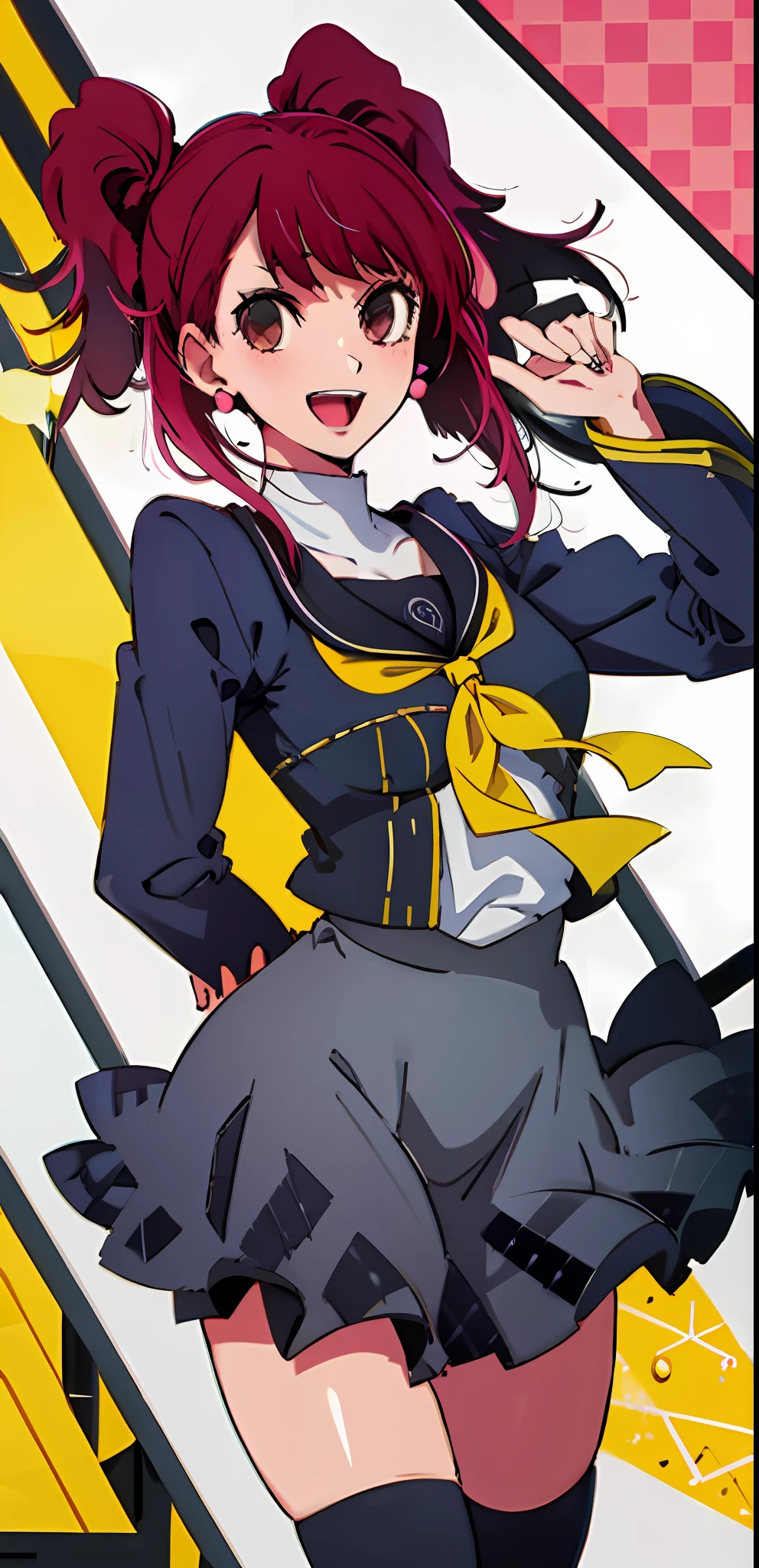 ,1 girl,solo,risekujikawa,smile,school uniform,yellow neckerchief,black plaid skirt,black thigh highs,( ??????????????:1.4),open mouth, pearl white earrings