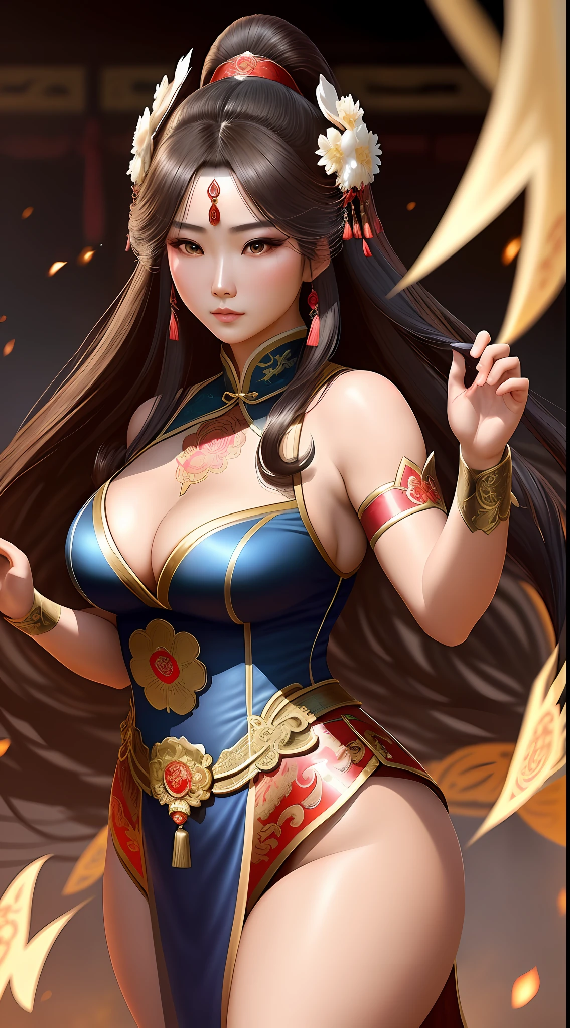 An epic battle scene set in the Shin Sangoku Musou world featuring a strikingly beautiful Diaochan. This masterpiece artwork boasts unparalleled quality and incredible detail, with stunning CG and ultra-realistic rendering. The dynamic angle captures every detail of Diaochan's voluptuous figure, accentuating her flawless complexion and luscious hair. Don't miss the intricate details of her traditional Chinese dress and the luxurious fabrics that adorn her curvy body. The lighting and shadow effects are simply breathtaking, casting the perfect amount of light on this stunning warrior princess.