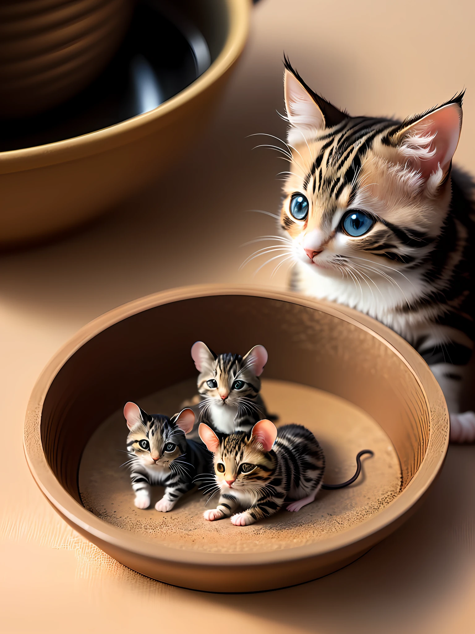 Cute one kitten next to a little one mouse with mouse face, micro world, detailed pictures, realistic, 4k, masterpiece, best quality
