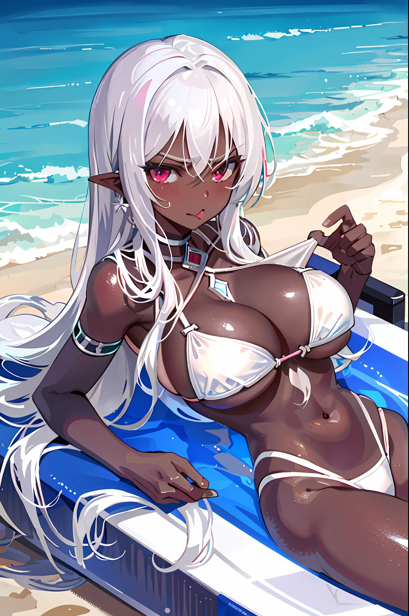 Lying down, silver hair, navel, gal, white bikini, micro bikini, untied swimsuit, side tied bikini, touching, blush, angry, sticking out tongue, Erection areola, (dark skin:1.2), huge breasts, body wet and shiny,