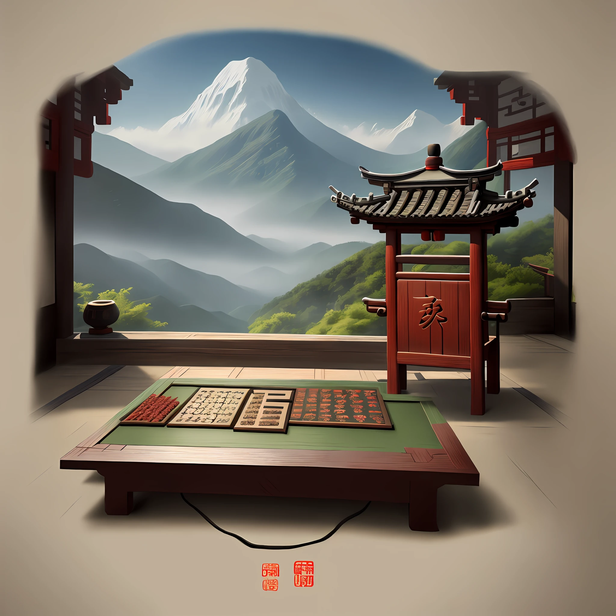 Xiangqi, cannon, Chinese style, ink far mountains