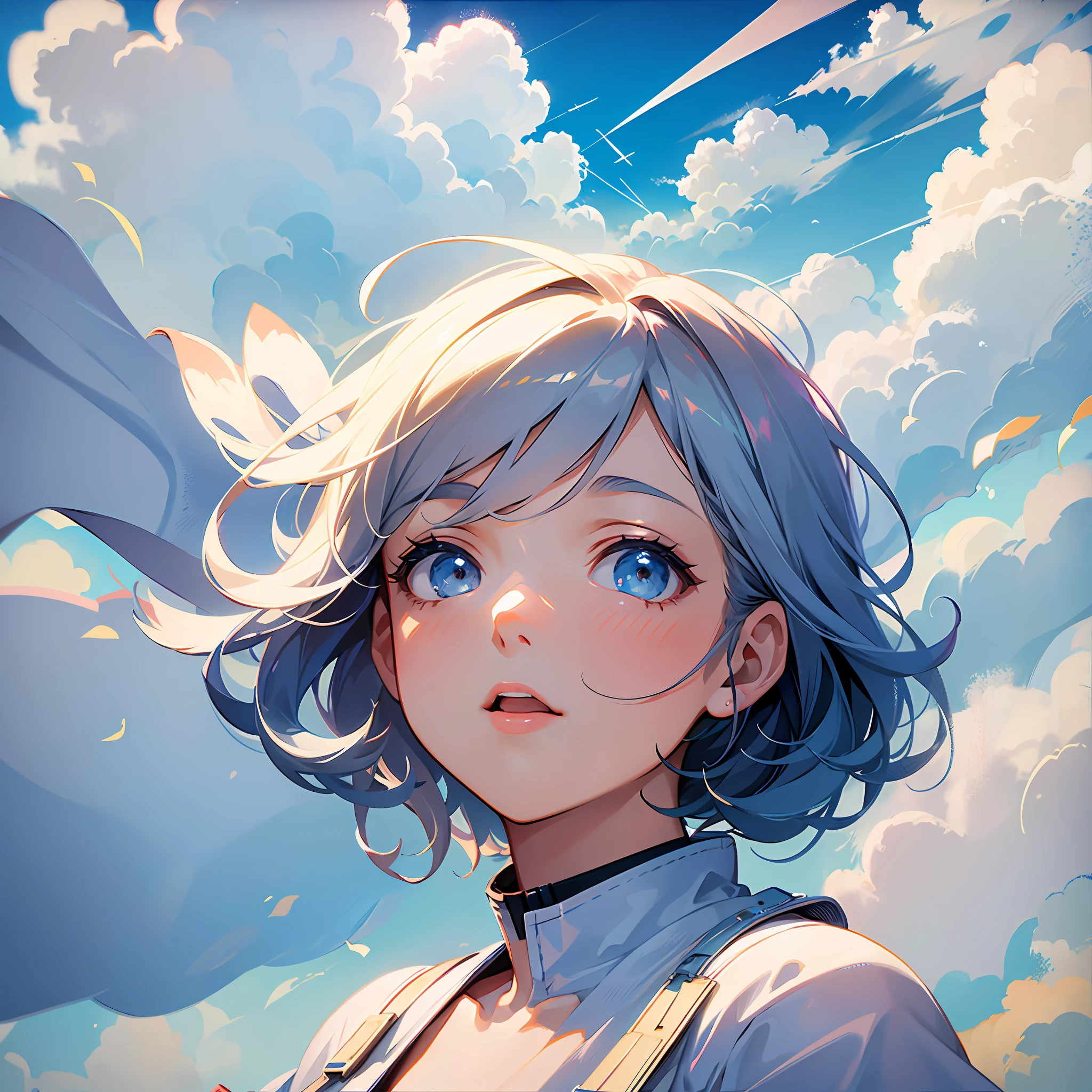 masterpiece, best quality, movie still, 1girl, floating in the sky, cloud girl, cloud, (close-up:1.1), bright, happy, fun, soft lighting, (Bauhaus, shapes, lines, abstract:1.1)