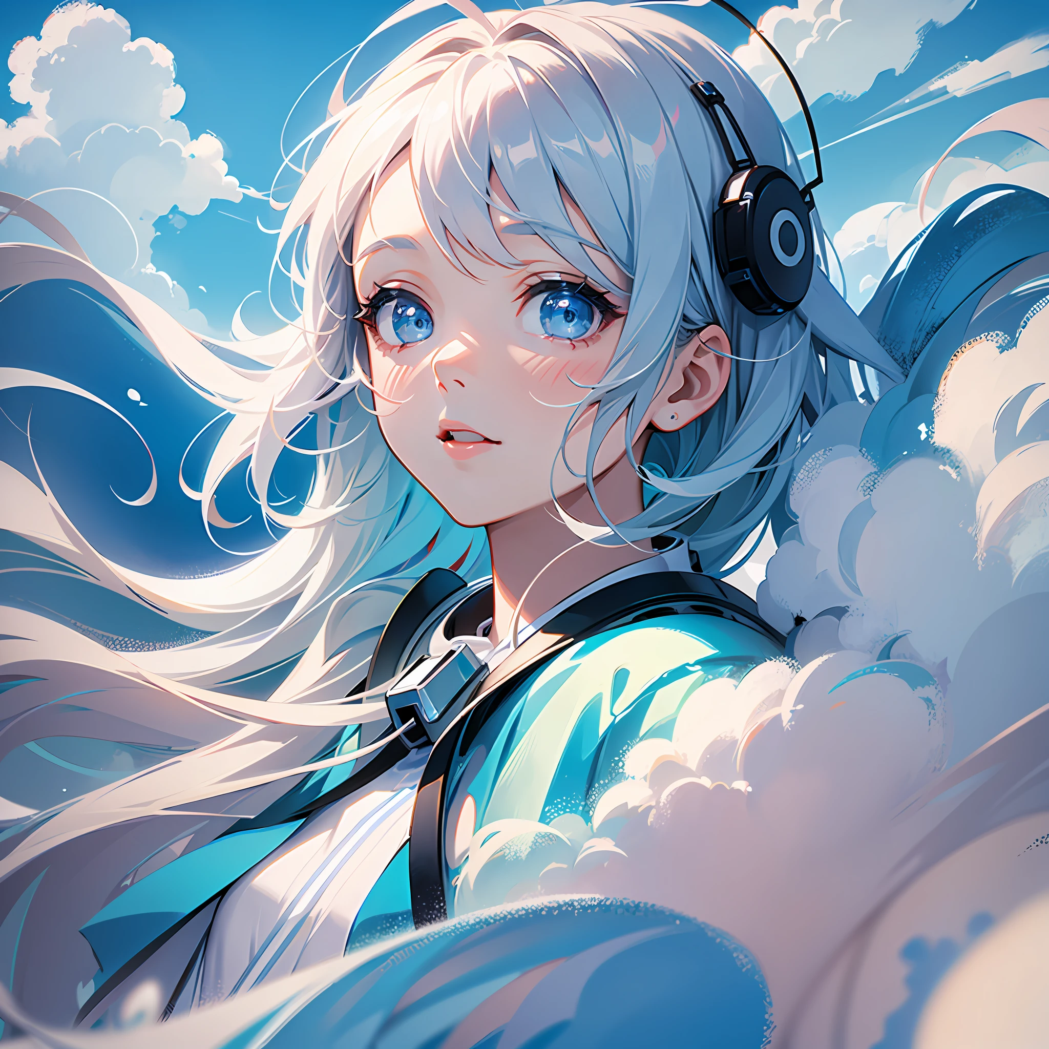 masterpiece, best quality, movie still, 1girl, floating in the sky, cloud girl, cloud, (close-up:1.1), bright, happy, fun, soft lighting, (Bauhaus, shapes, lines, abstract:1.1)