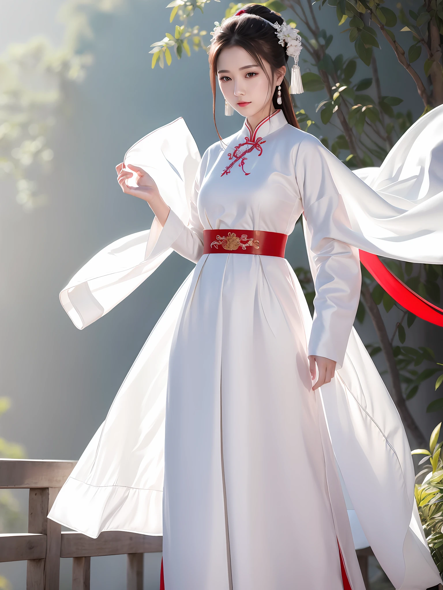Elegant woman in white dress, model, white hanfu, white royal dress, cheongsam, hanfu, royal royal elegant dress, chinese dress, chinese costume, chinese traditional clothing, red belt, jia, chinese style, elegant and elegant, white fashion clothing, with ancient chinese clothing, elegant dress, ancient white dress