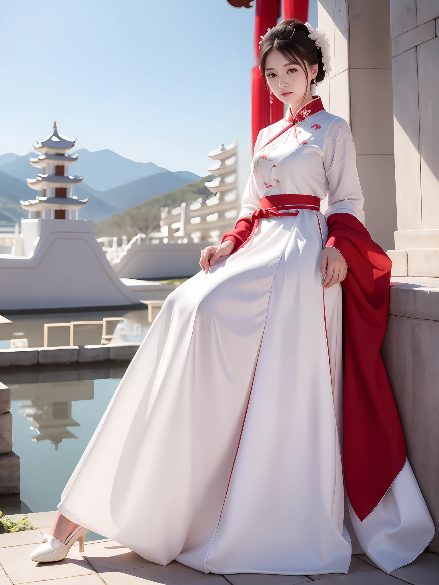 Elegant woman in white dress, model, white hanfu, white royal dress, cheongsam, hanfu, royal royal elegant dress, chinese dress, chinese costume, chinese traditional clothing, red belt, jia, chinese style, elegant and elegant, white fashion clothing, with ancient chinese clothing, elegant dress, ancient white dress