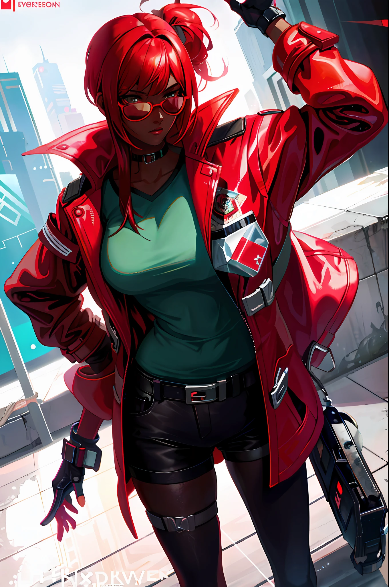 Best quality cyberpunk illustration depicting a cool girl with dark skin wearing a red trench coat and red subglasses.