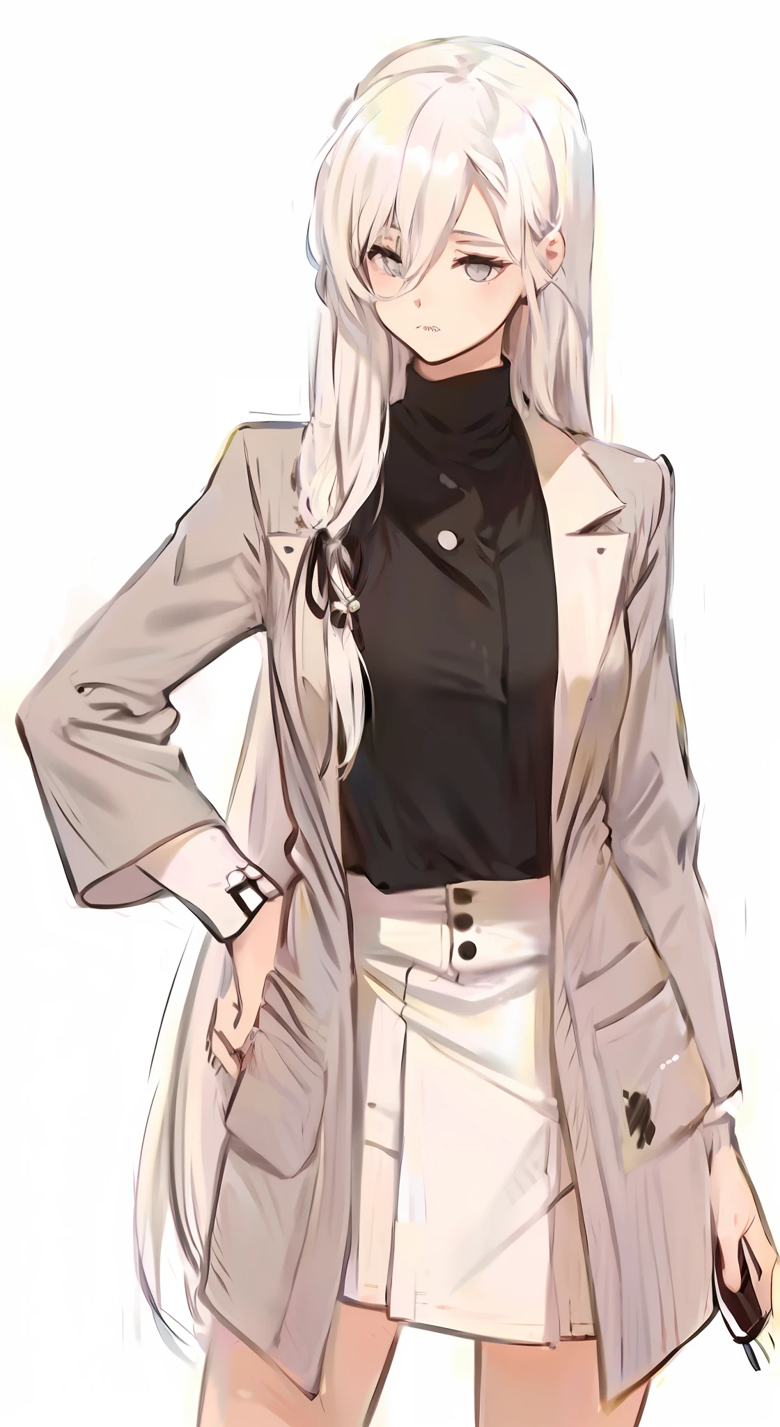 anime girl with long white hair and a black shirt and a jacket, white haired lady, perfect white haired girl, shikamimi, white-haired, white haired, with long white hair, ( ( ( yoshinari yoh ) ) ), junko enoshima, haruno sakura, jk uniform, rena nounen style 3/4, with white long hair