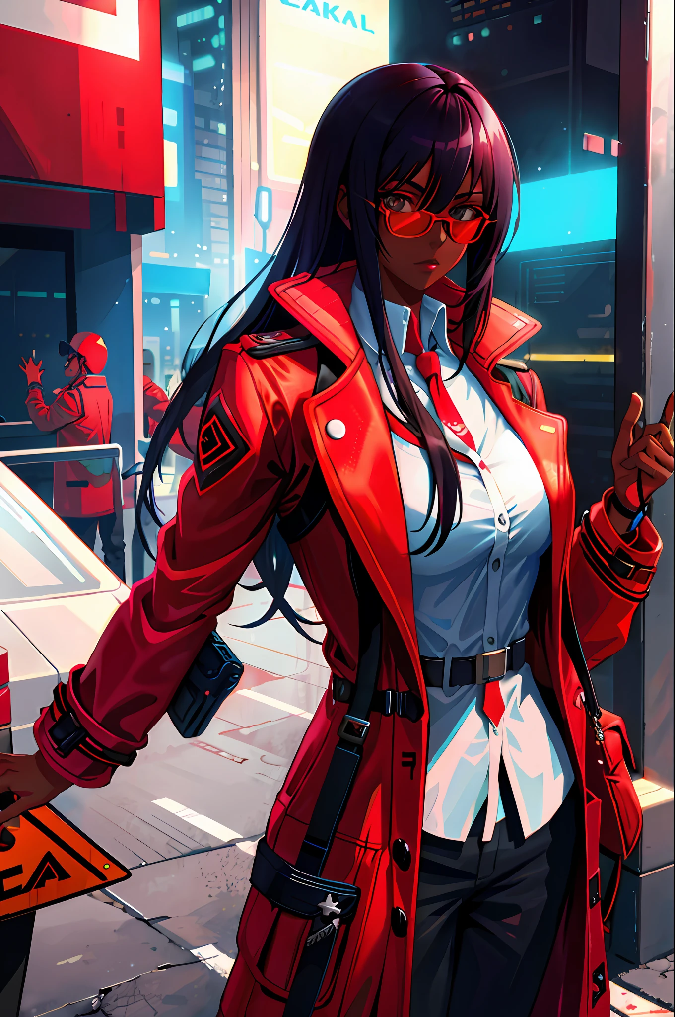 Best quality cyberpunk illustration depicting a cool girl with dark skin wearing a red trench coat and red subglasses.