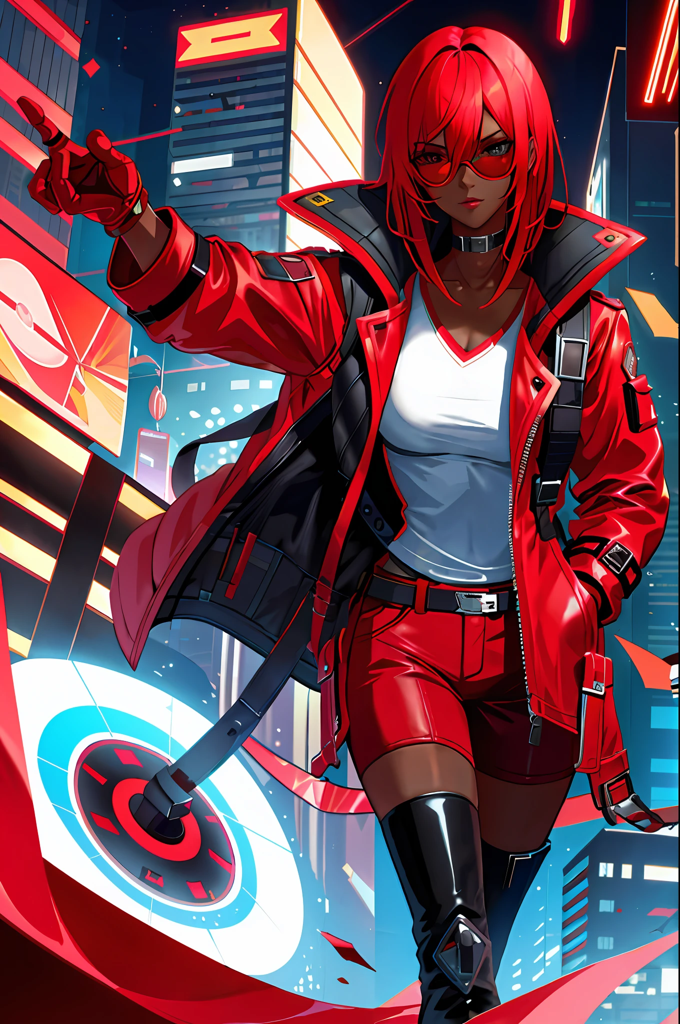 Best quality cyberpunk illustration depicting a cool girl with dark skin wearing a red trench coat and red subglasses.