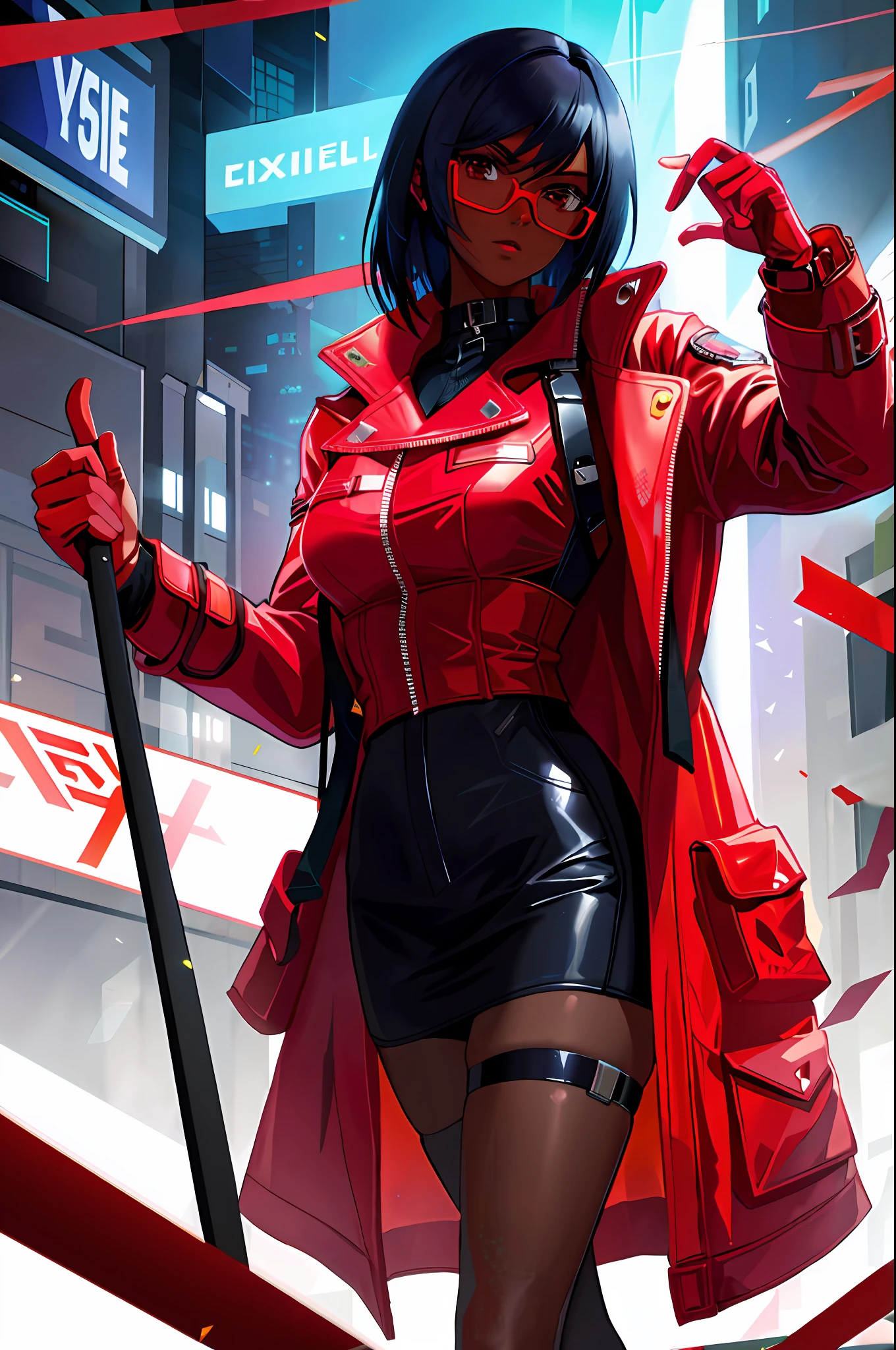 Best quality cyberpunk illustration depicting a cool girl with dark skin wearing a red trench coat and red subglasses.