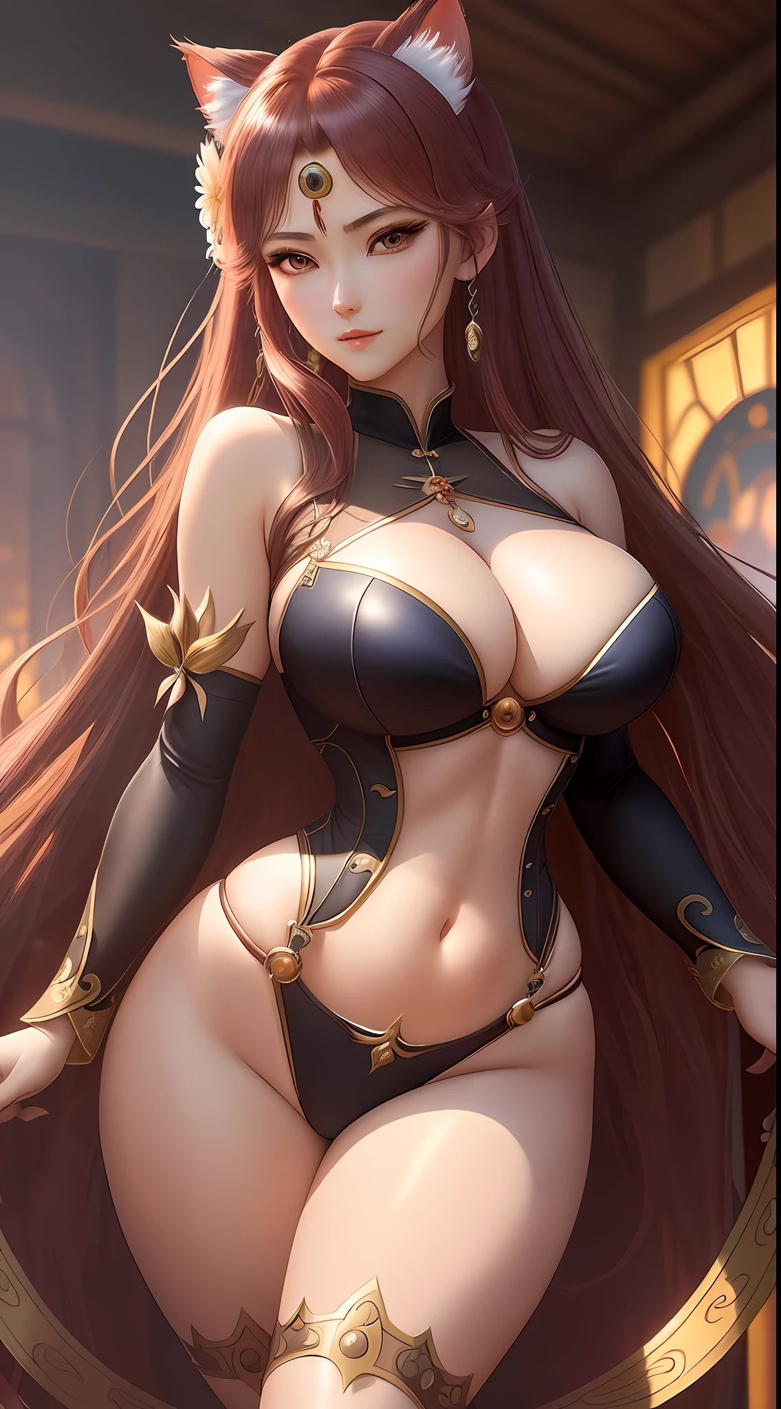 (extremely detailed and high-quality CG artwork that resembles official art),(gorgeous and curvaceous female character with cat ears and an alluring expression),Shin Sangoku Musou and Koihime Musou inspired design featuring Diao Chan wearing a transparent high-leg leotard that accentuates her seductive curves, a center opening that exposes her alluring cleavage, and a beautiful gem that enhances her beauty, all while showcasing her lovely navel and delicate collarbones.