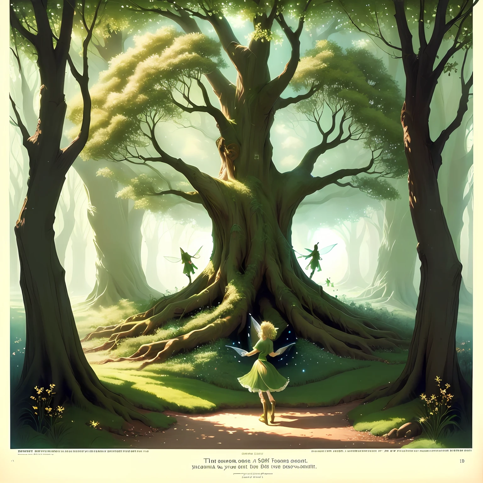 tree of life with fairies throwing pixie dust, soft dreamlike